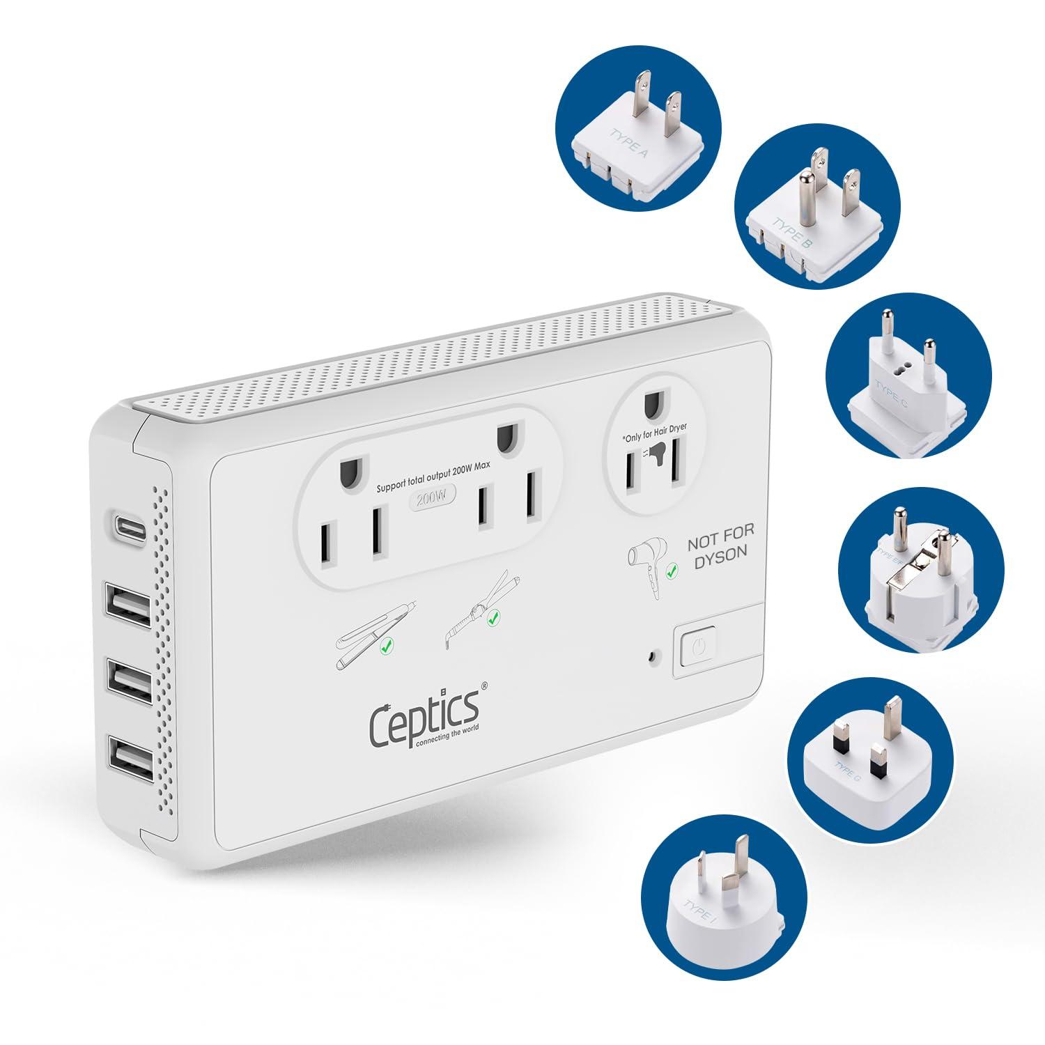 Ceptics Ceptics 2000W Travel Voltage Converter for Hair Dryer & 200W Convert 220V to 110V for Curling Iron, Straightener, Chargers, Step Down World Power 4 USB Charging QC 3.0 SWadApt Type A, B, C, E/F, G, I