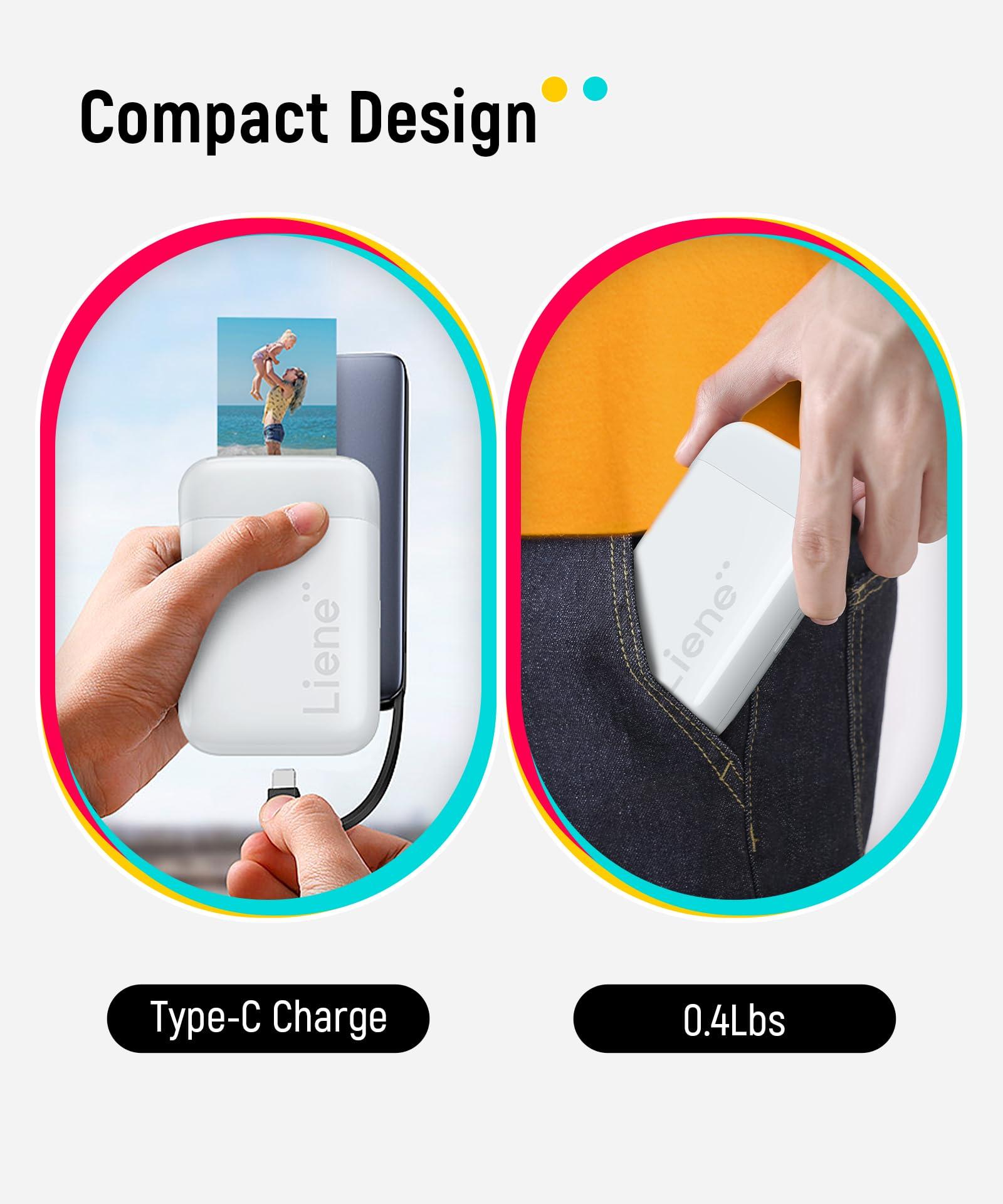 Liene Liene 2x3 Photo Printer, Mini Instant Portable Color Mono Picture Printer Bundle 50 Zink Adhesive Paper, Bluetooth 5.0, Compatible w/iOS & Android, Small Phone Sticker for iPhone, Smartphone, White