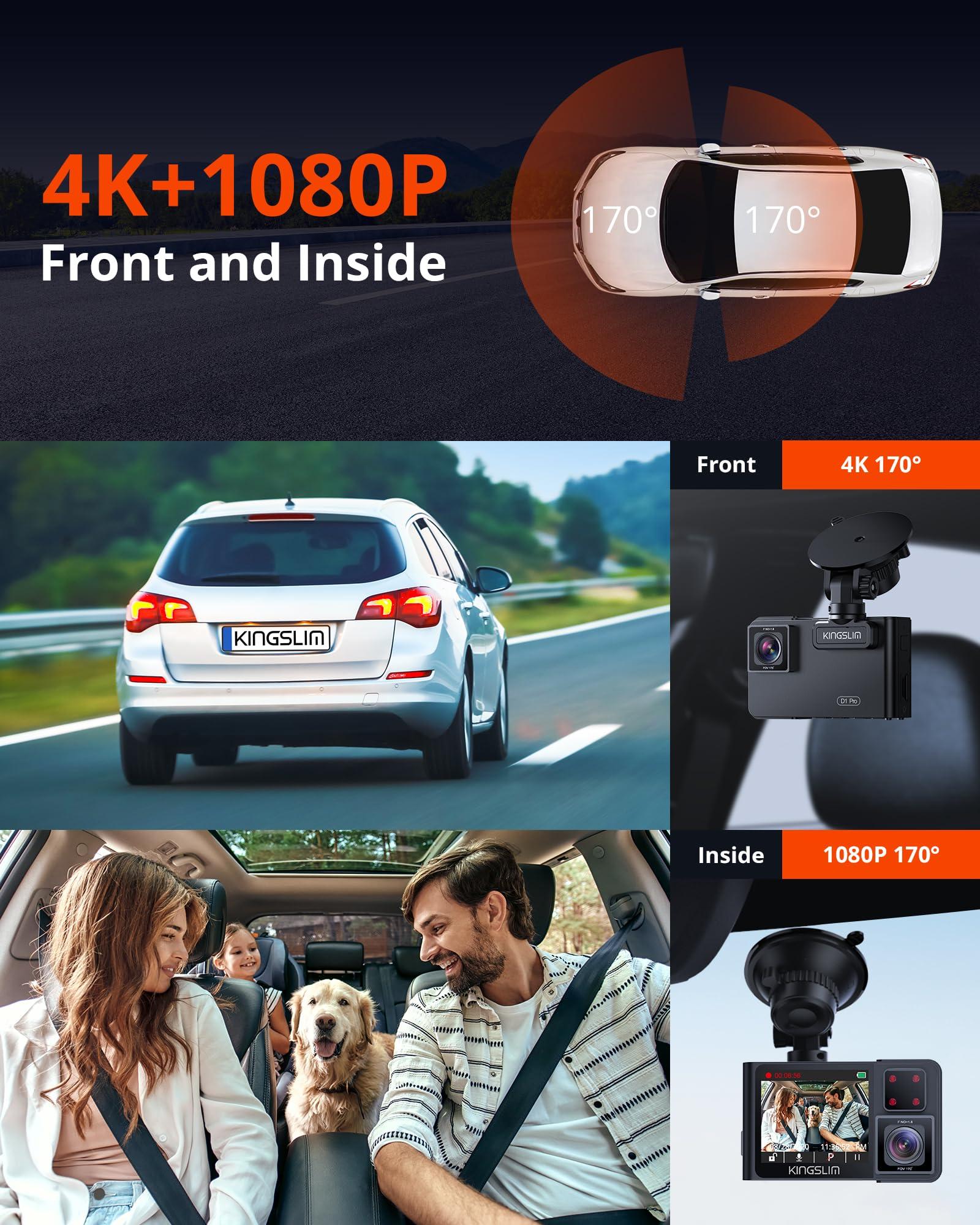 Kingslim Kingslim D1 pro Dual Dash Cam 4K Record Inside - Front and Inside Dash Camera GPS WiFi for Cars Uber Truck, Dashcam with Infrared Night Vision, G-Sensor, Loop Recording(Upgraded Version)