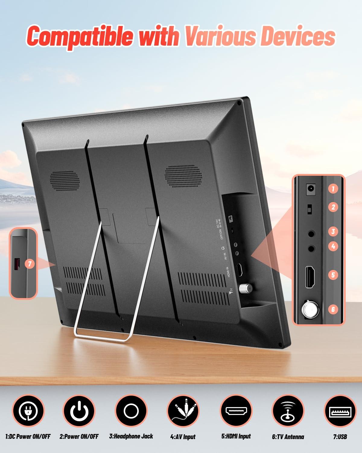 Desobry Desobry 19" Portable TV with Antenna, Small TV with HD 1080P HDMI Input, AV Input, USB Port, 180 Adjustable Stand, Small Portable TV for Kitchen Bedroom Camping RV (No WiFi)