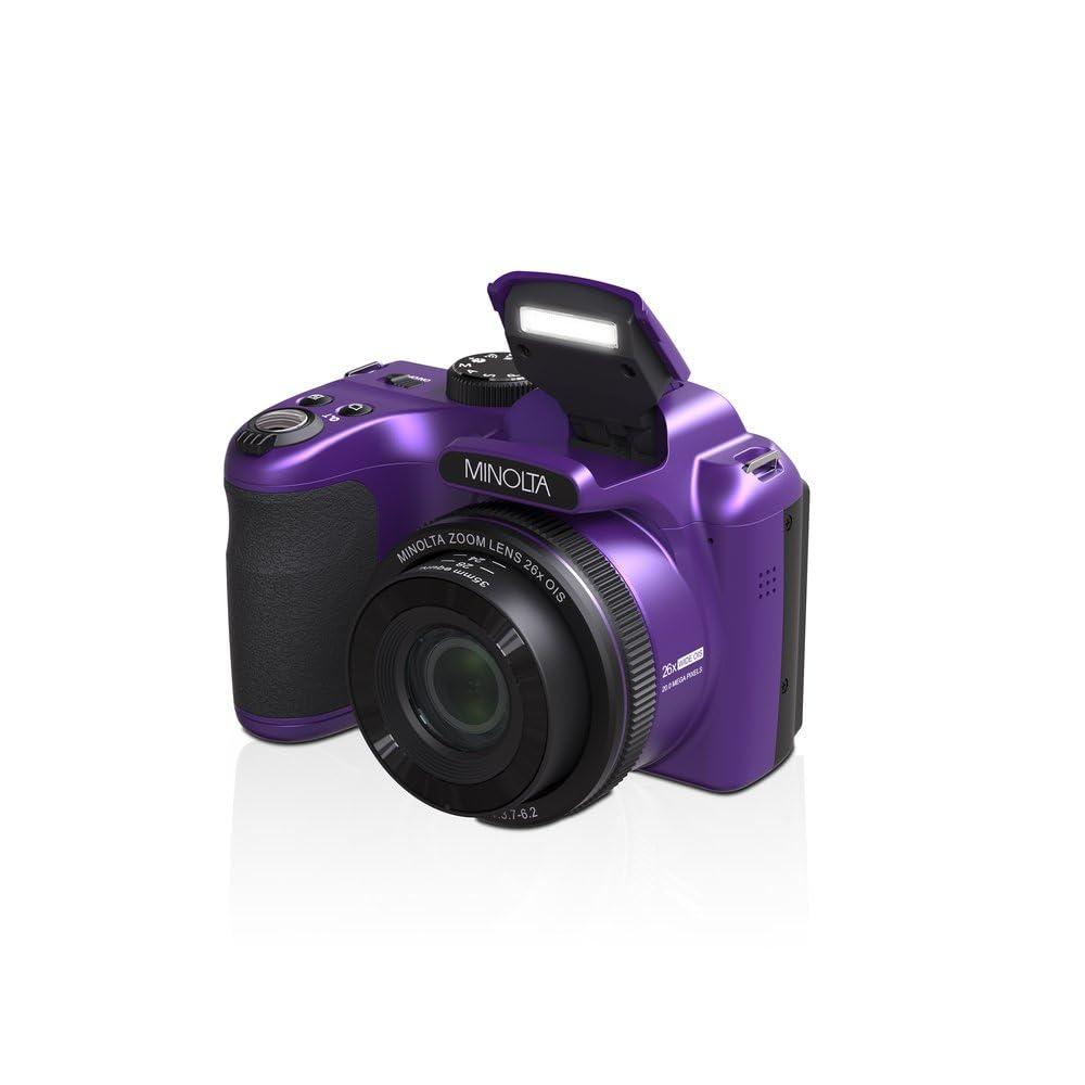 Minolta Minolta 20 Mega Pixels 26x Optical Zoom Digital Camera with 1080p FHD Video Bundle with 32 GB Memory Card + Vlogging Tripod + Cleaning kit + More Accessories - Purple
