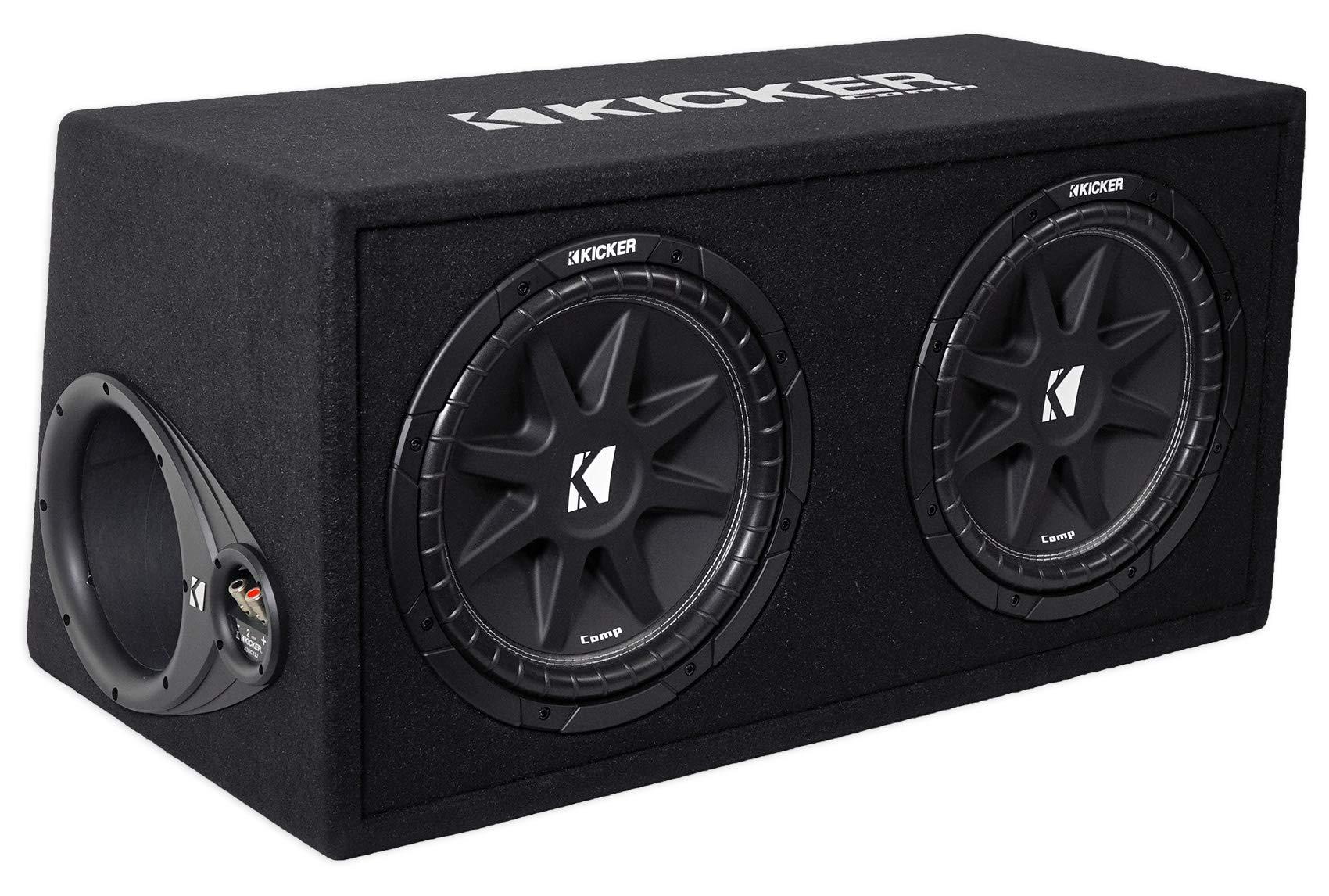KICKER Kicker 43DC122 Comp Dual 12\" Subwoofers in Vented Sub Box Enclosure, 2-Ohm Bundle with Rockville dB11 1400W Peak Mono 2-Ohm Car Amp and Bass Remote and RWK81 8 Gauge Amp Installation Kit
