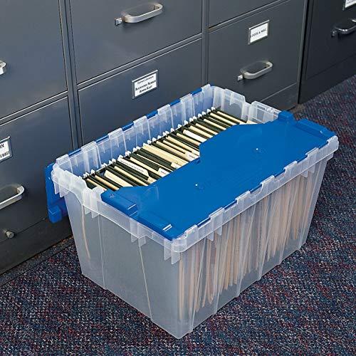 Akro-Mils Akro-Mils 12 Gallon KeepBox File Box Plastic Stackable Storage Container with Hinged Attached Lid and Rails for Hanging File Folders, 21-Inch L x 15-Inch W x 12-Inch H, Clear/Blue