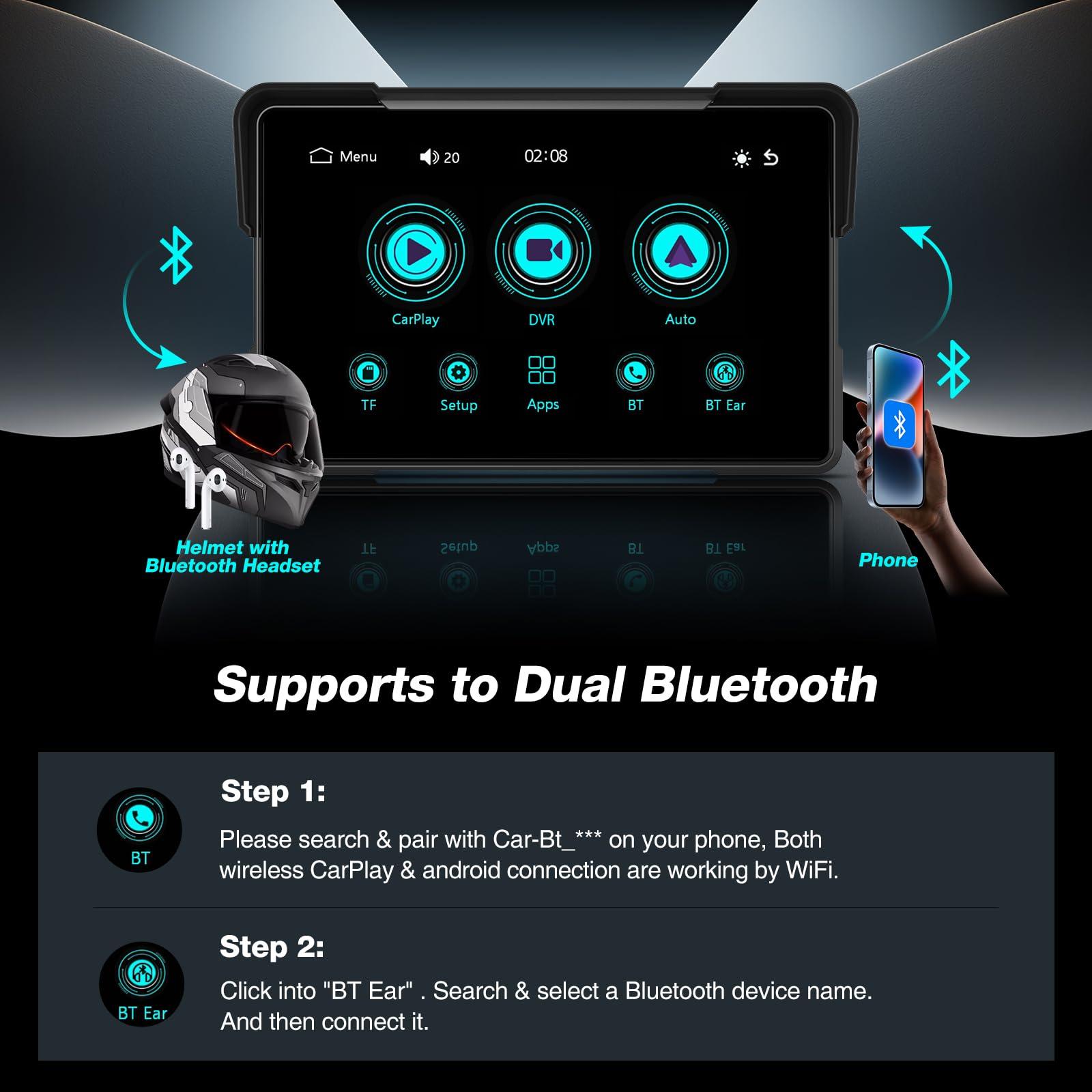 GTRUI 7 Inch Portable CarPlay for Motorcycle, Waterproof Touchscreen Wireless Car Play Android Auto Screen GPS Navigation for Motorbike, Siri Voice Control Dual Bluetooth TF-64G (M570 w/Cameras)