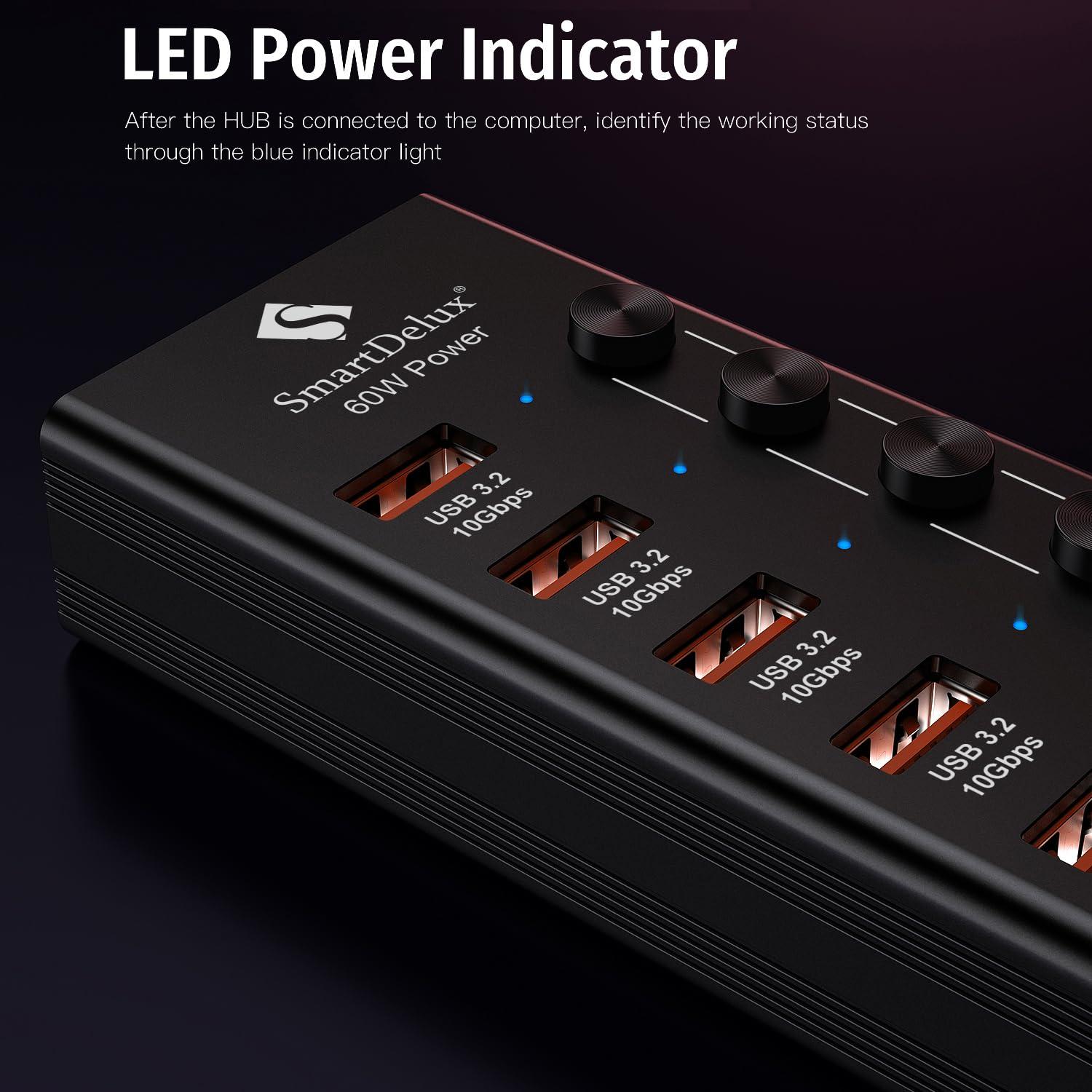 SmartDelux Powered USB 3.2 to Type-A, Type-C Hub, SmartDelux 10Gbps 10 Port Adapter, Individual LED Switches end High-Speed Data Transfer, Power Adapter 60W, USB Extension for Laptop, Flash Drive, PC and More