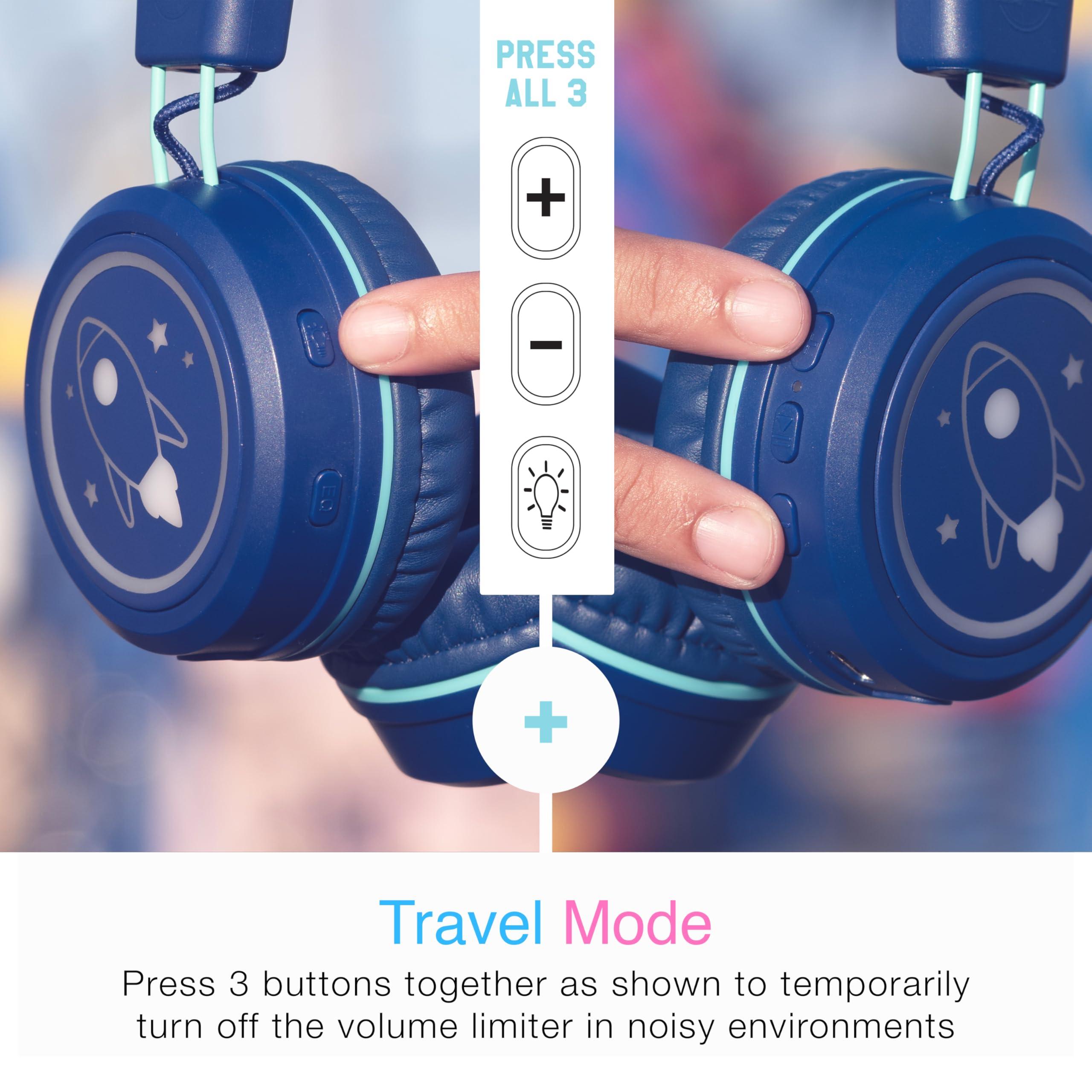 MEE audio MEE audio KidJamz KJ55BT Personalized Bluetooth Wireless Safe Listening Headphones for Kids w/Custom LED-Backlit Design, Volume Limiter, Microphone; Kids Headset for School/iPhone/iPad/Tablet (Blue)