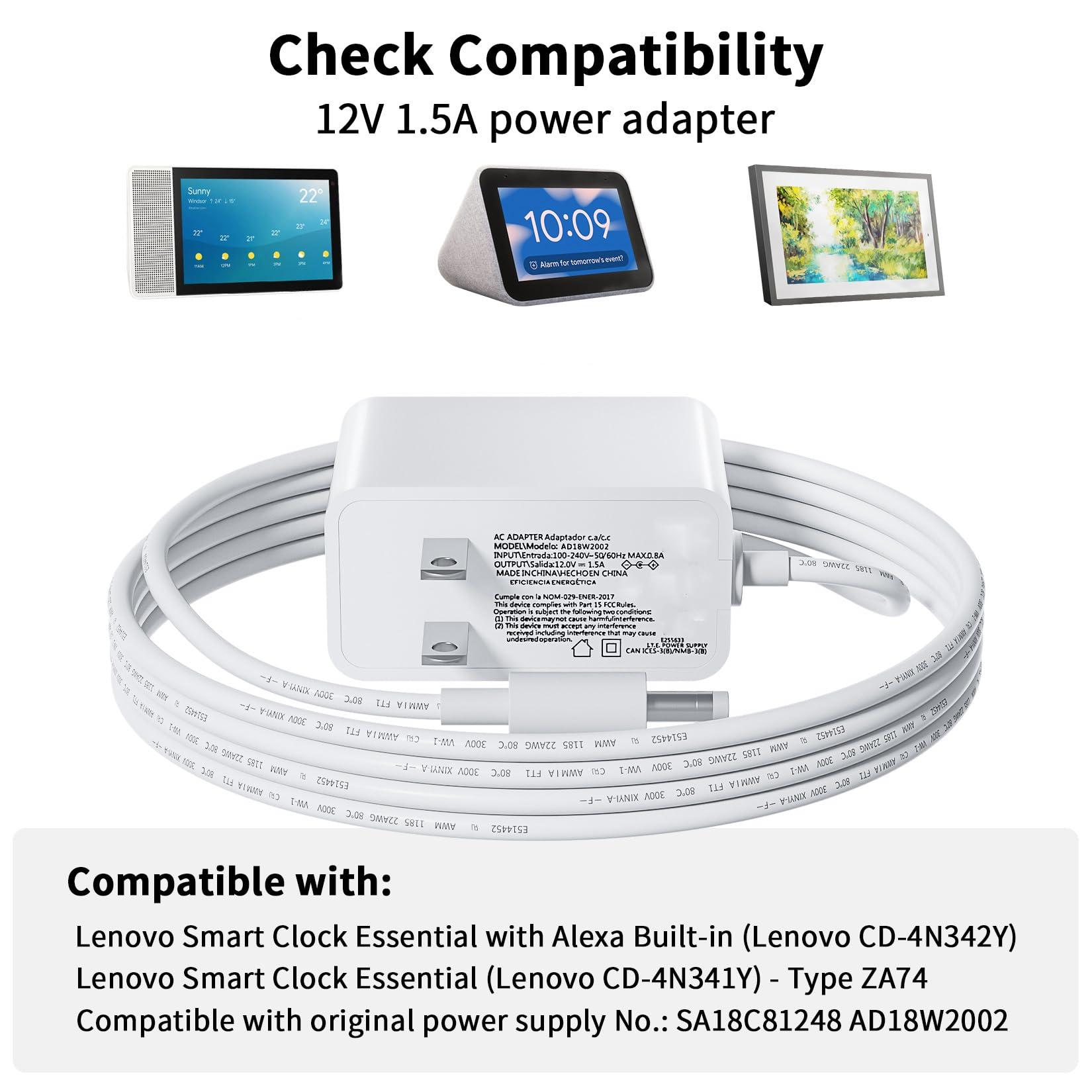 BolAAzuL 15W Power Cord Replacement for Amazon Echo Dot 3rd/4th Gen, Echo Dot 3rd/4th Kids Edition, Echo Show 5 and Lenovo Smart Clock Essential CD-4N341Y CD-4N342Y, 12V 1.5A AC Power Adapter Supply, White