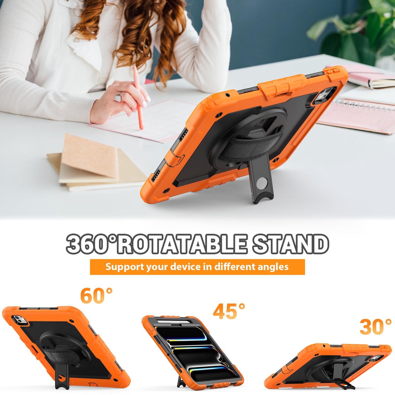 SEYMAC SEYMAC for iPad Pro 11 Inch Case 2024 (M4), Heavy Duty Shockproof Protective Case with Screen Protector, 360 Rotating Stand, Hand/Shoulder Strap and Pen Holder for iPad Pro 11 2024, Orange