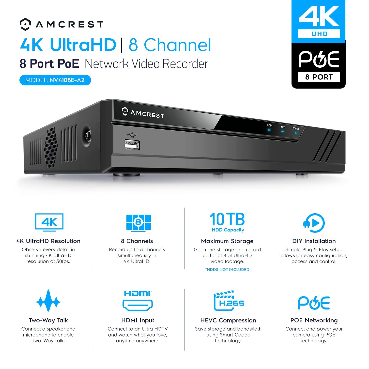 Amcrest Amcrest NV4108E-A2 4K 8CH POE NVR (1080p/3MP/4MP/5MP/8MP) POE Network Video Recorder - Supports up to 8 x 8MP/4K IP Cameras, 8-Channel Power Over Ethernet Supports up to 10TB HDD (Not Included)