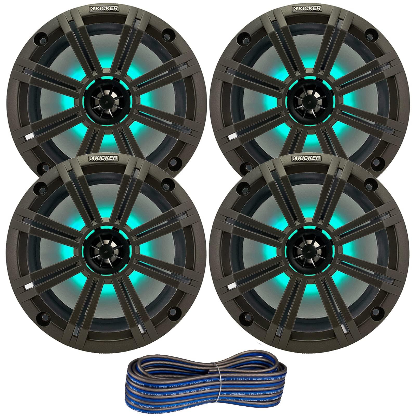 KICKER 2 Pair (Qty 4) of Kicker 8\" 2-Way 300 Watts Max Power Coaxial Marine Audio Multicolor LED Speakers with Charcoal Grilles, 50-Feet 16-Gauge Speaker Wire