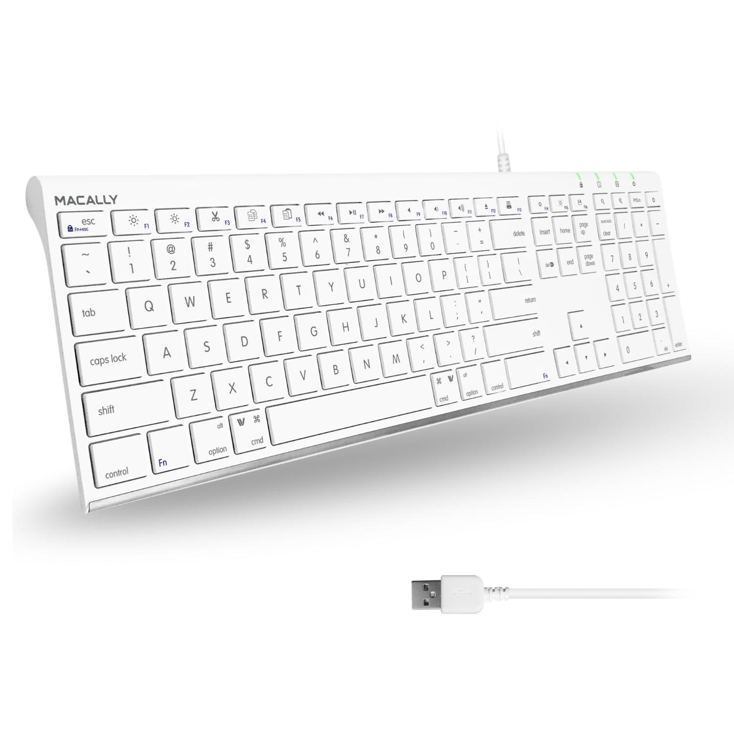 Macally Macally Slim USB Wired Keyboard for Mac and Windows - Simple and Sophisticated - USB Apple Keyboard with Numeric Keypad for Mac Mini / Pro, Macbook, iMac with 110 Scissor Switch Keys and 20 Shortcuts