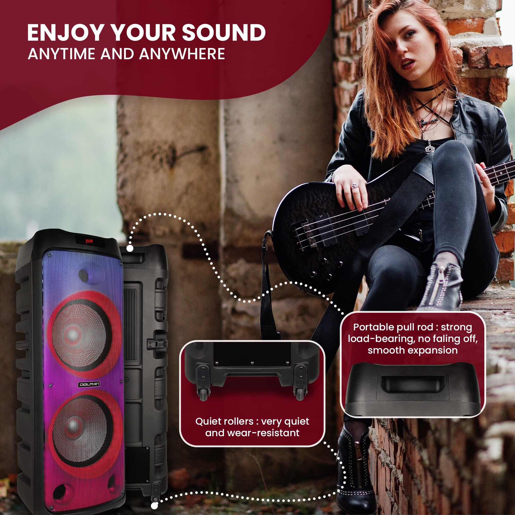 Dolphin Dolphin SPF-1212R Powerful Sound & BASS | Portable Rechargeable Big Party Speaker | Dual 12", 3X 1 Tweeters | LED Party Lights, Handles and Wheels