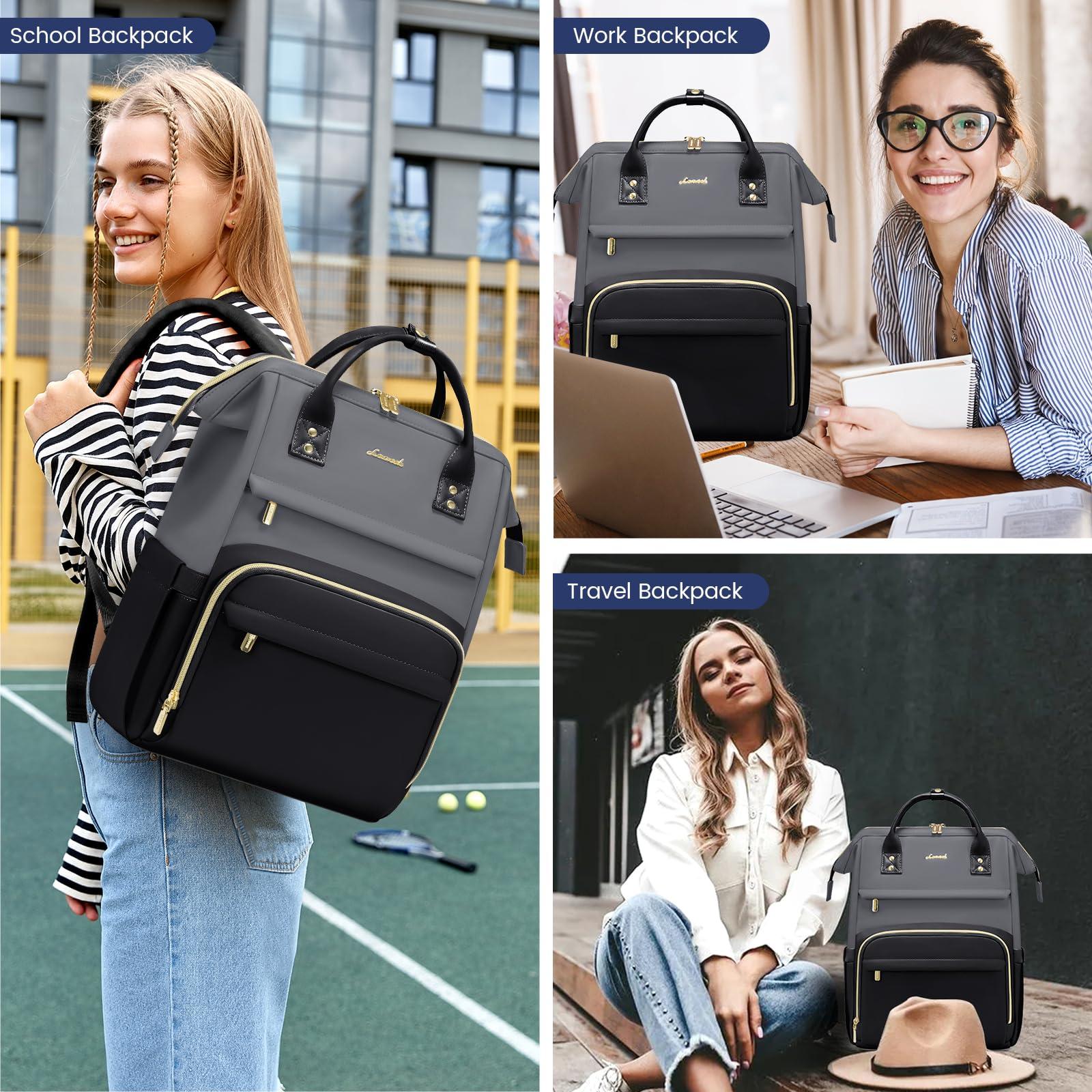 LOVEVOOK LOVEVOOK Leather Backpack for Women,15.6 inch Leather Laptop Backpacks Women,Professional Work Backpacks Nurse College Teacher Bag,Womens Laptop Bag Computer Travel Backpack Purse,Smoky Gray-Black