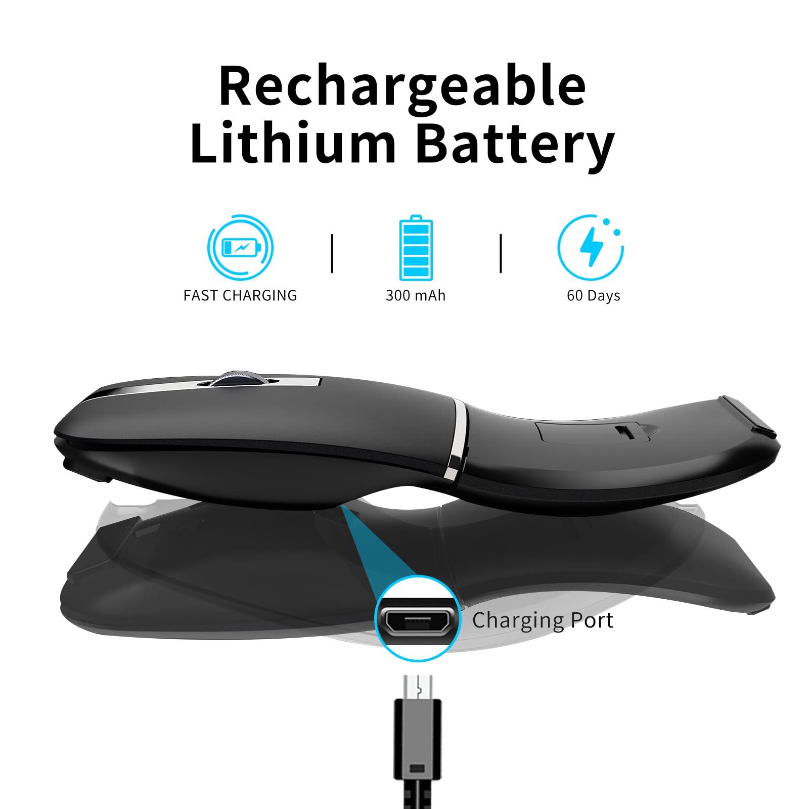 WUDEMWWFE Bluetooth Arc Mouse Wireless Silent Travel Mouse Rechargeable with BT & 2.4G Dual Mode, Slim Rotatable Portable Mobile Mouse, USB Optical Computer Mice for PC Laptop Macbook iPad iPhone Tablet - Black