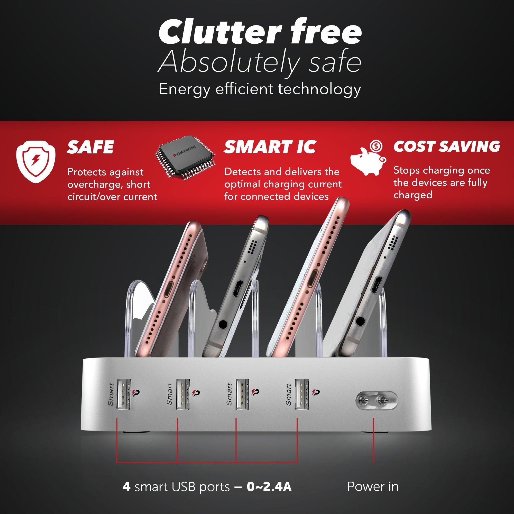 Poweroni Poweroni 4 Port USB Charging Station - Fast Charging Dock for Multiple Devices Apple - Multi Device Charger Station - Compatible with Apple iPad, iPhone, Android, and Tablet - Charging Rack