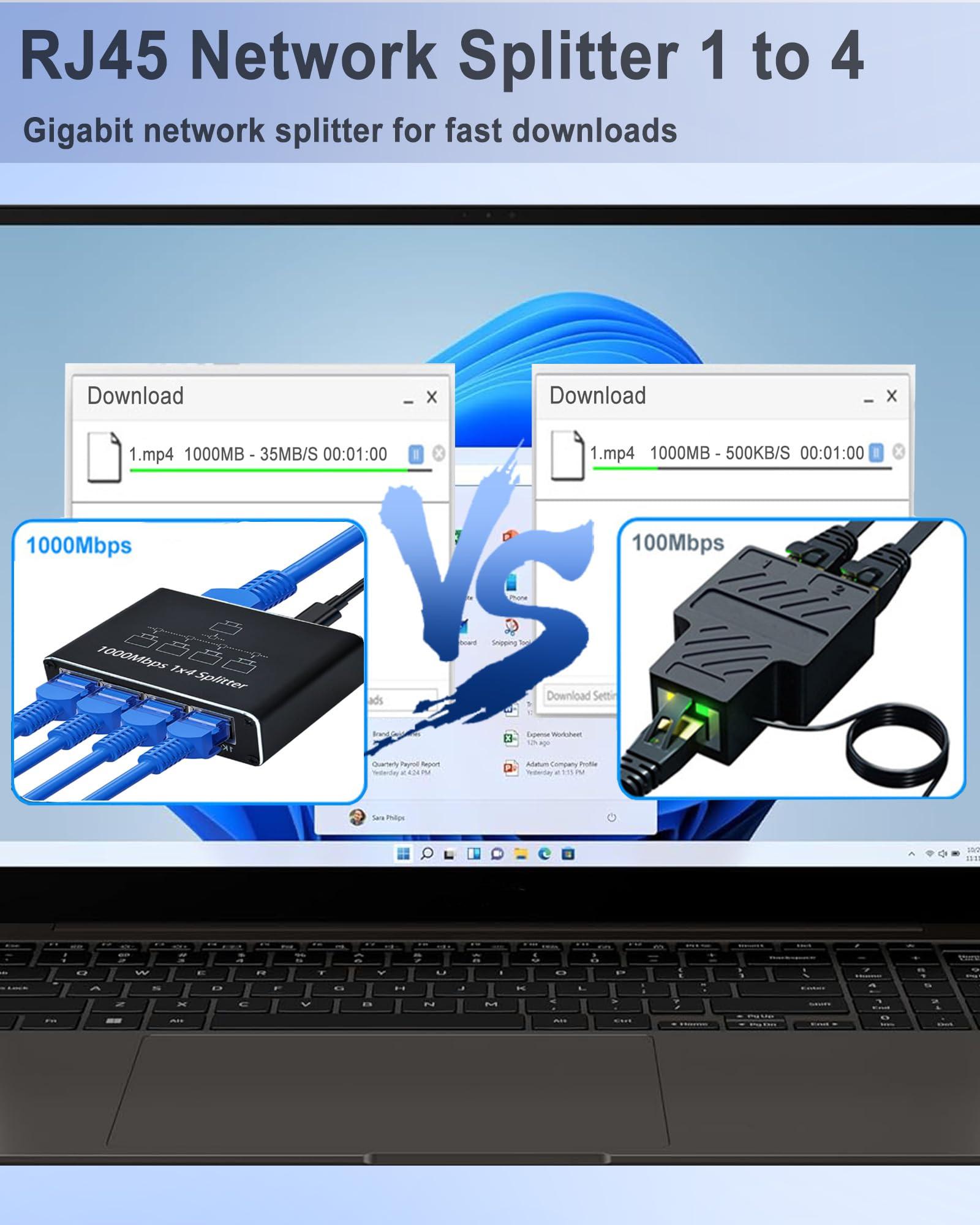 LIEZHUA LIEZHUA Ethernet Splitter 1 to 4 - Network Splitter with USB Power Cable, RJ45 Internet Splitter Adapter 1000Mbps High Speed for Cat 5/5e/6/7/8 Cable [4 Devices Networked Simultaneously]