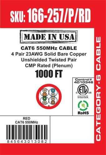 VC VERTICAL CABLE Vertical Cable CAT6, 550 MHz, UTP, 23AWG, 8C Solid Bare Copper, Plenum, 1000ft, Bulk Ethernet Cable - Made in USA, Red
