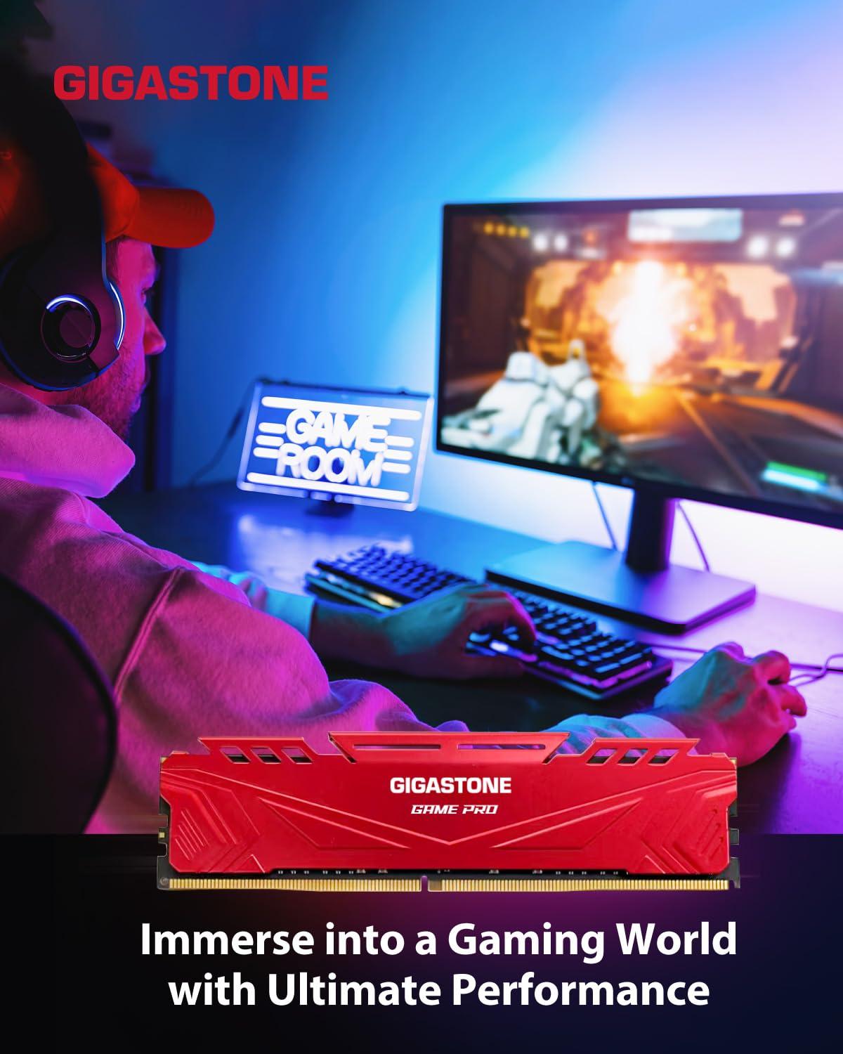 Gigastone DDR4 RAM GIGASTONE Game PRO 64GB Kit (4x16GB) DDR4 3200MHz PC4-25600 CL 16-18-18-40 Intel XMP 2.0 AMD Ryzen 1.35V UDIMM 288 Pin Unbuffered Non ECC High Performance Gaming Desktop Memory - Red