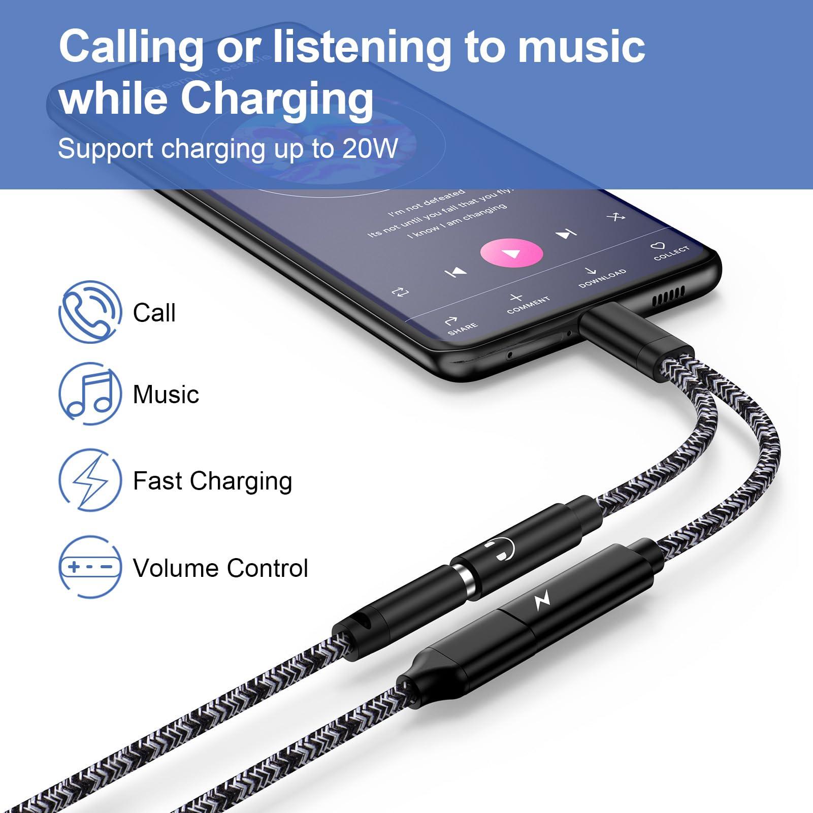 Flecom USB C to Aux Adapter Samsung S24FE/S24 Ultra Headphone Adapter Type C to 3.5mm Jack Audio Adapter with Fast Charging Cable Cord for Samsung Galaxy A16 A06 A55 A35 A15 S24 S23 Plus S23FE A54 A14 A13