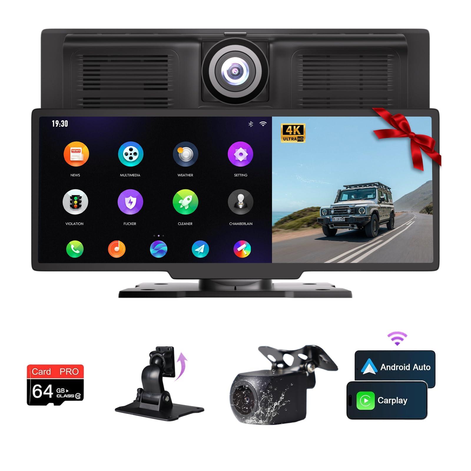 NUOTIAN Wireless Apple Carplay Screen for Car with Backup Camera Compatible with Apple Car Play & Android Auto, GPS Navigation, and Mirror Link, Fits All Vehicles (10.26\")