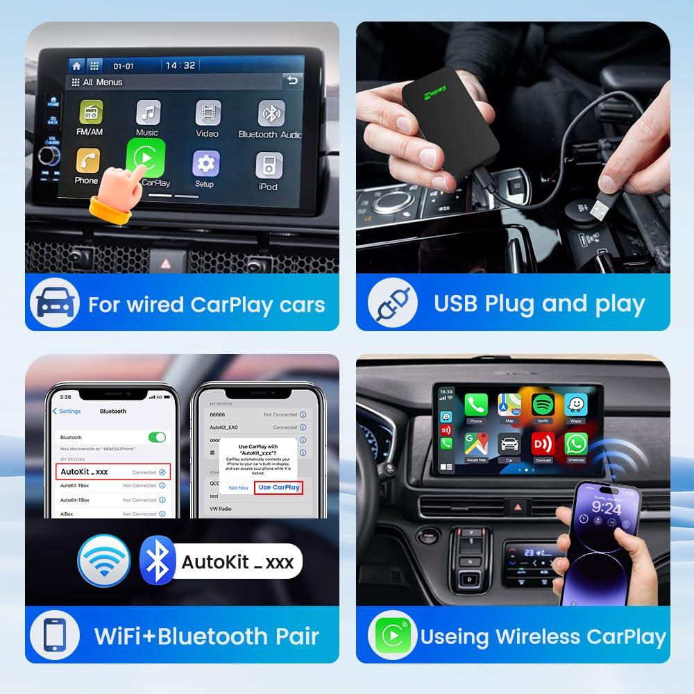Carlinkit CarlinKit 5.0 Wireless CarPlay Adapter - Wireless Android Auto Car Adapter Adoption Chip 5G WiFi 5.8 GHZ | Stable & Fast Connection | Easy Operate | Small Size | Light Weight | Black(2air)