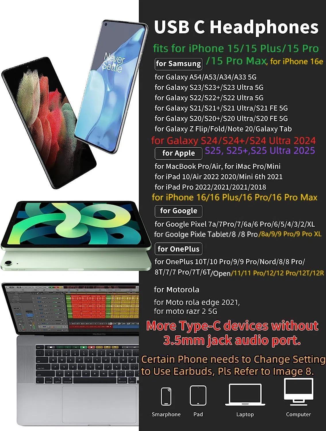 TITACUTE USB C Headphone for Samsung A53 S54 S22 S23 S21 S20 FE Wired Earbuds Magnetic in-Ear Type C Earphone with Microphone Stereo Noise Canceling for Galaxy Z Flip 5 Fold 4 Pixel 7 6 6a 7a OnePlus (Black)