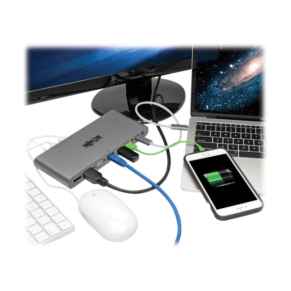 Tripp Lite Tripp Lite International USB-C Docking Station, Triple Monitor Support, EU & UK Power Cables, 4K @ 30Hz HDMI & DisplayPort, VGA, Gigabit Ethernet, 100W USB-C Charging, 3-Year Warranty (U442-DOCK4-INT)