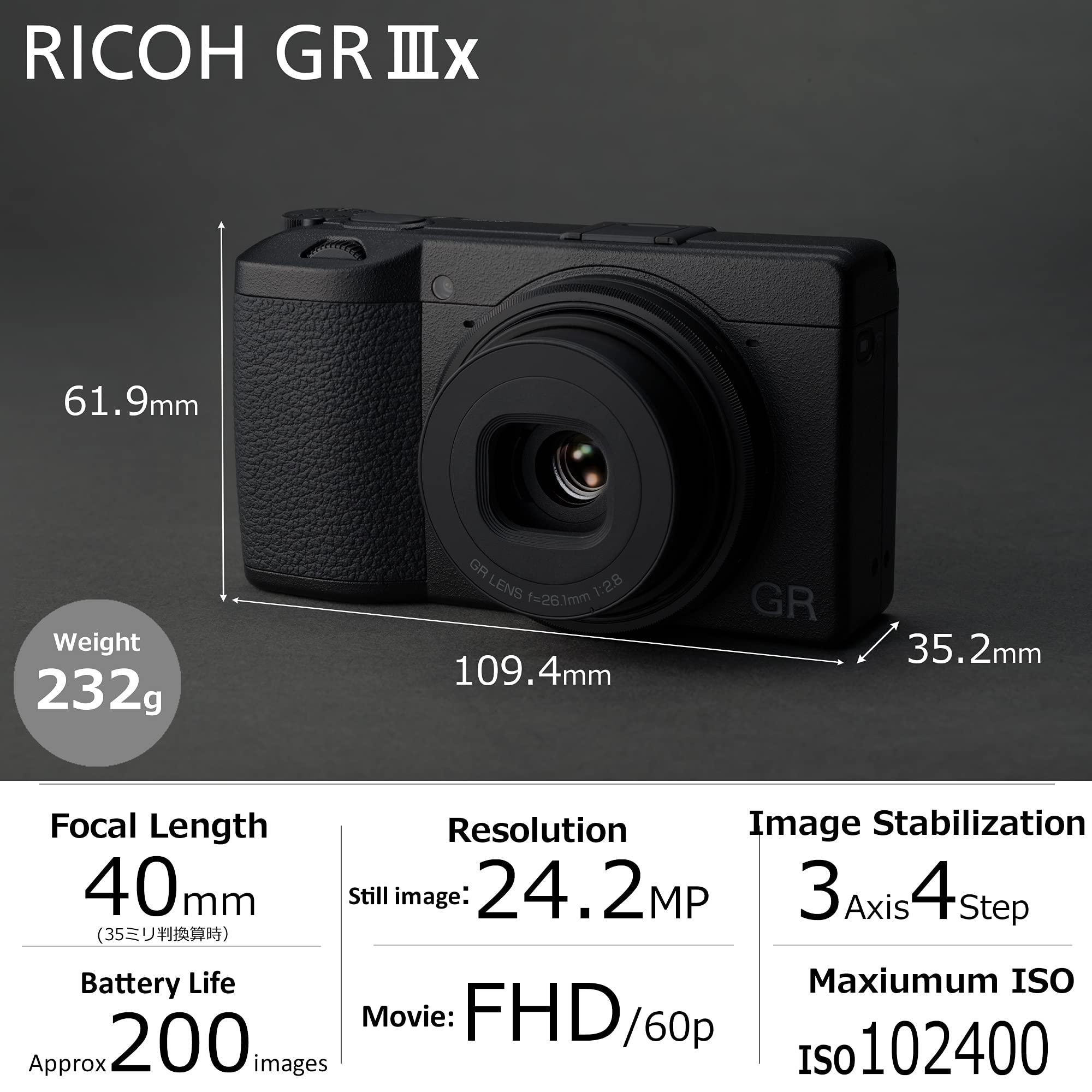 RICOH Ricoh GR IIIx, Black, Digital Compact Camera with 24MP APS-C Size CMOS Sensor, 40mmF2.8 GR Lens (International Model) (Renewed)