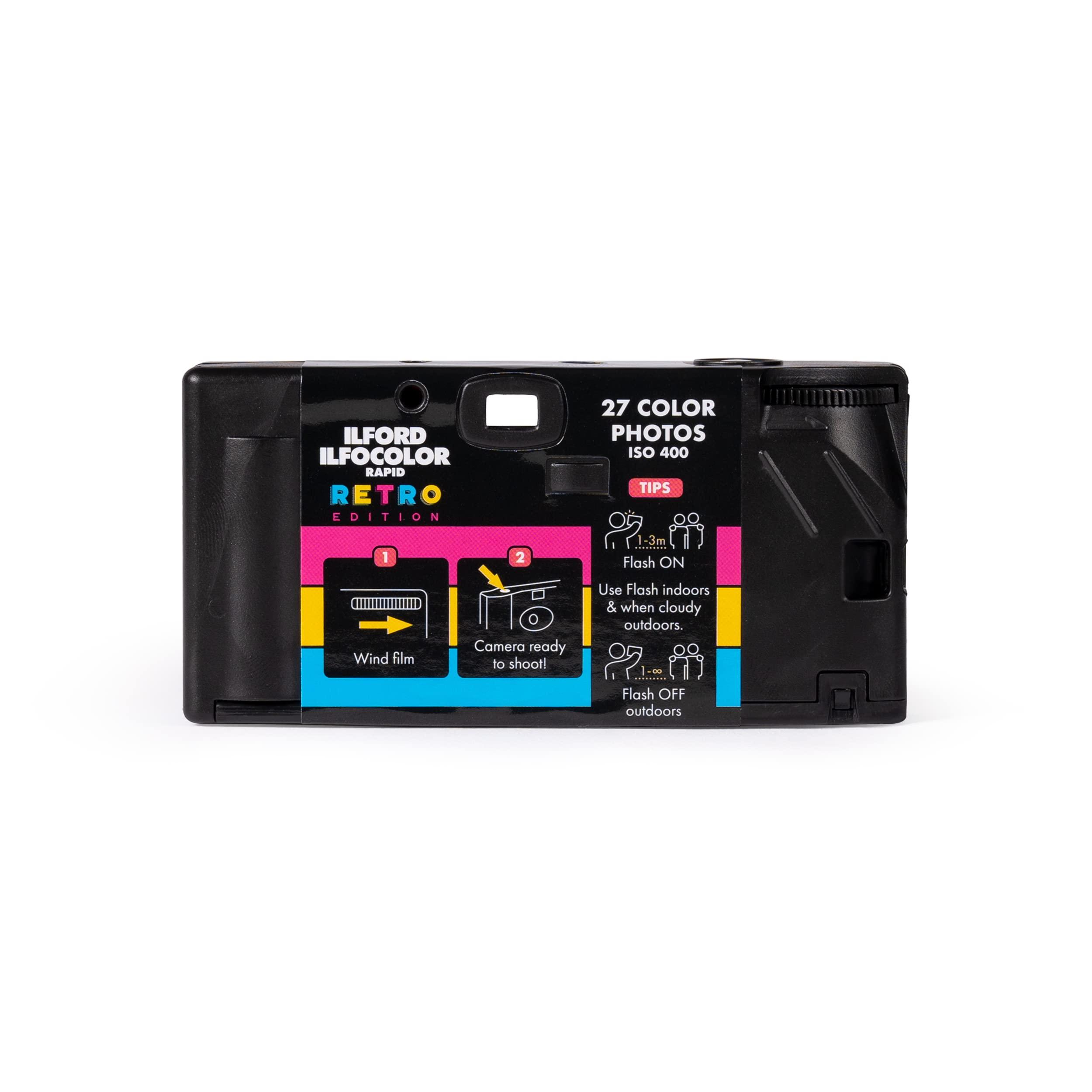 K&M Ilford Ilfocolor Rapid Retro Single Use Camera with 31mm Optical Lens, Pre-Loaded 27-Exposure ISO 400 Color Negative Films, and Built-In Flash (Black)