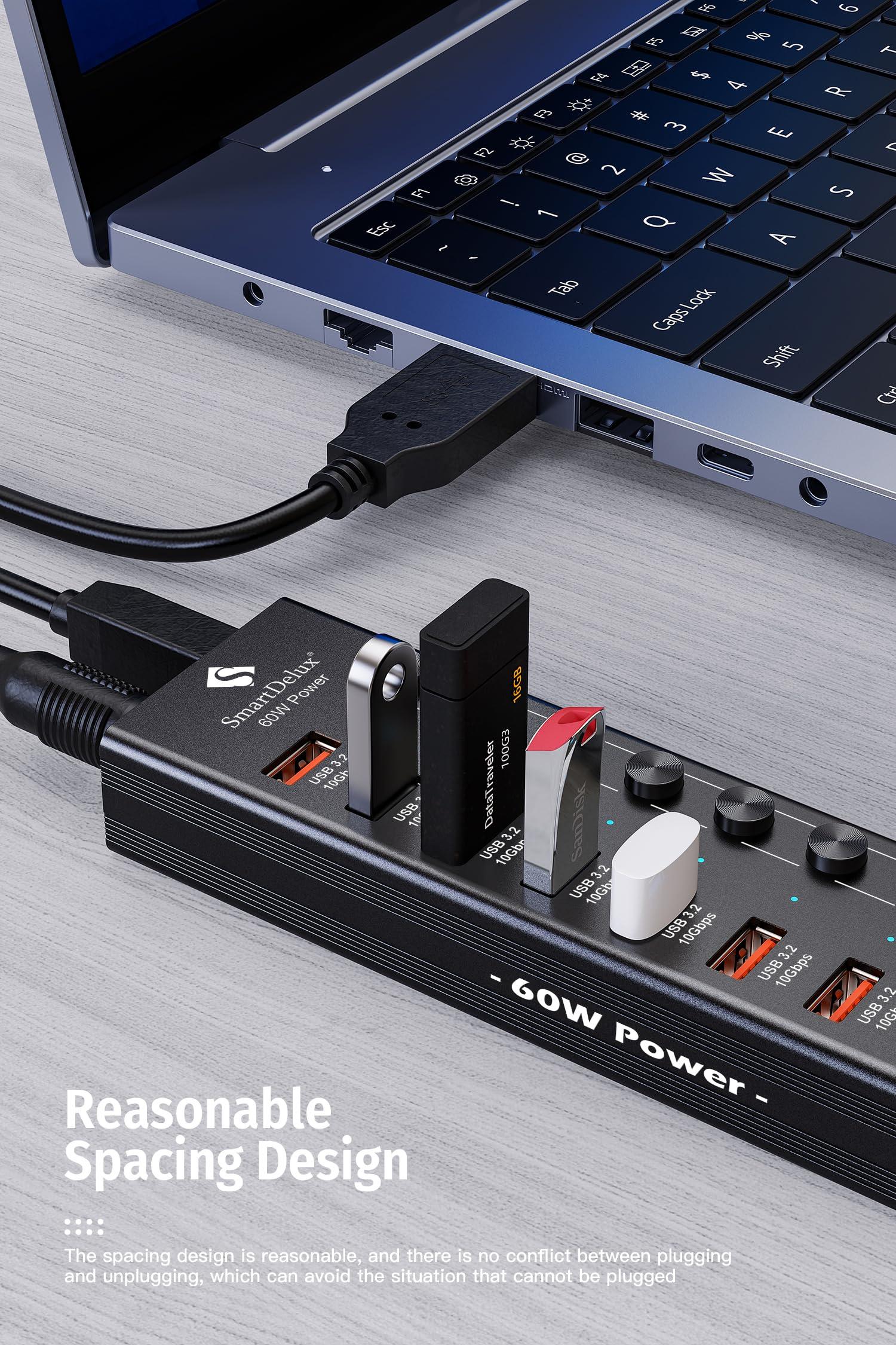 SmartDelux Powered USB 3.2 to Type-A, Type-C Hub, SmartDelux 10Gbps 10 Port Adapter, Individual LED Switches end High-Speed Data Transfer, Power Adapter 60W, USB Extension for Laptop, Flash Drive, PC and More