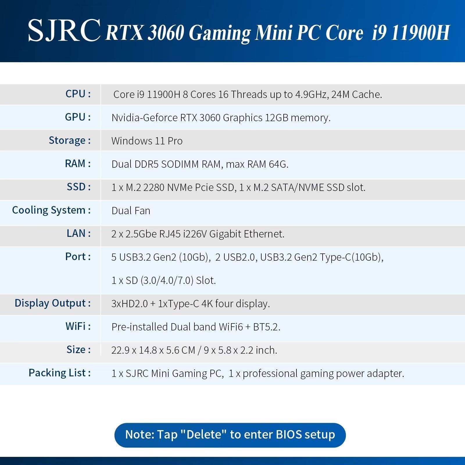 SJRC SJRC Gaming Mini PC Computer RTX 3060 12GB Graphics, Core i9 11900H 8 Cores 16 Threads, DDR5 64GB RAM 2TB SSD Windows 11 Pro Small Office Desktop Dual Fan, 4 Display, i9-11900H-RTX3060