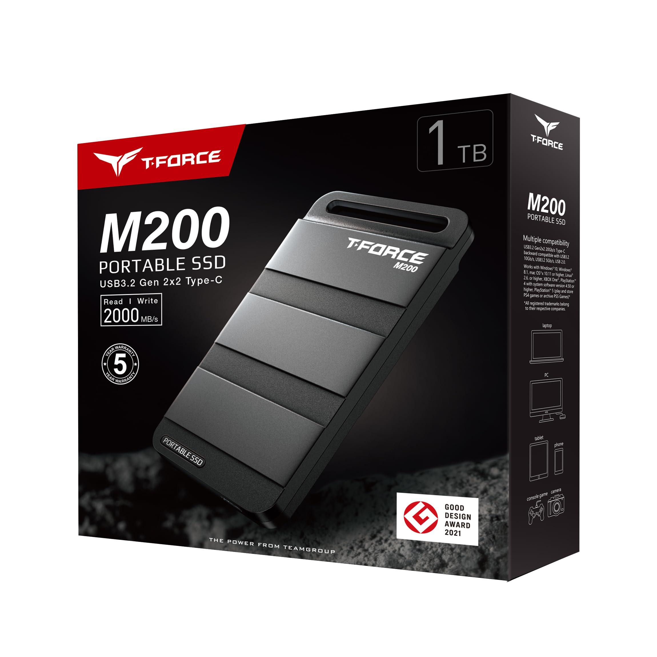 TEAMGROUP TEAMGROUP T-Force M200 Portable SSD 1TB USB3.2 Gen2x2 Type-C Read/Write 2000MB/s Compatible with PS5 & Xbox & Chrome OS (T8FED9001T0C102)