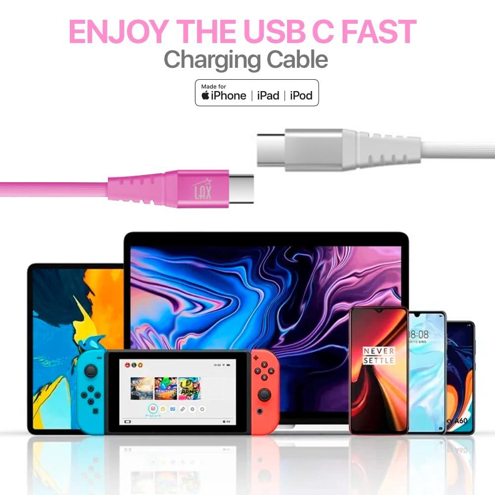 LAX LAX Gadgets USB C to USB C Cable for Android, iPhone 15 Pro Max & 15 Pro Pack of 2 Certified Type C Cables - Nylon Braided Fast Charging Cables - Durable & Tangle Free - 6 ft White & 4 ft Doll Pink
