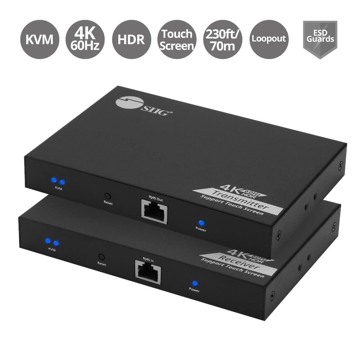 SIIG SIIG HDMI KVM Extender Over CAT6/6e/7 Cable - 4K@60Hz, up to 230ft, HDMI loopout, USB Ports for Keyboard/Mouse, Touch Screen Panel, S/PDIF Audio Extraction, Transmitter & Receiver Kit (CE-H27811-S1)