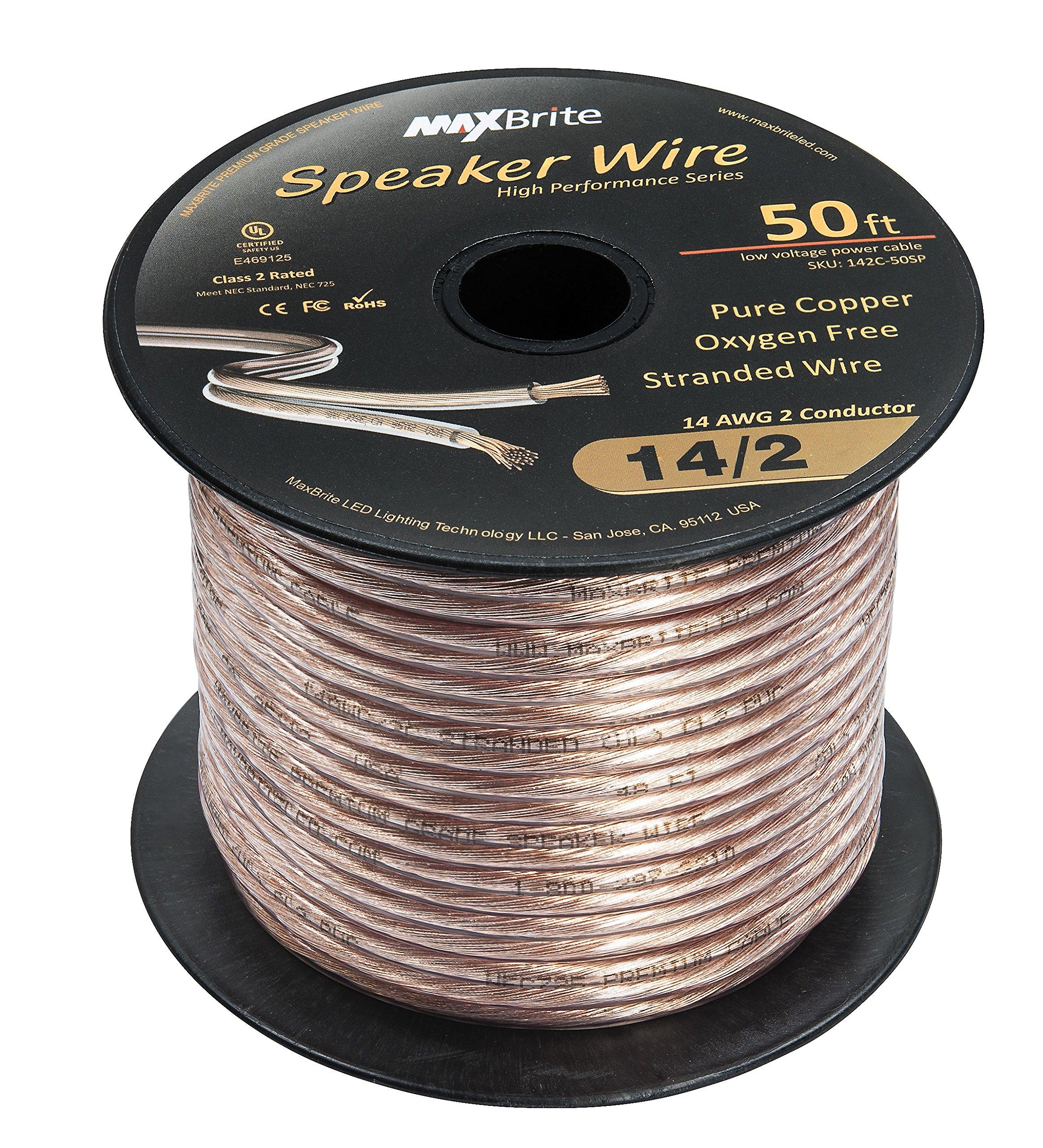 MaxBrite High Performance 14 Gauge Speaker Wire, Oxygen Free Pure Copper - UL Listed Class 2 (50 Feet Spool)