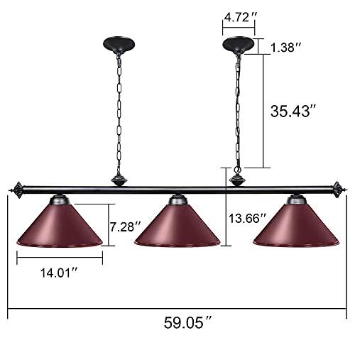 Wellmet Wellmet Pool Table Lights for 8'/9' Table with 3 Metal Shades, Billiard Lamp for Man Cave, Game Room, Kitchen Island Light for Restaurant Or Dining Room (Burgundy, 59 inch-3 Lights)