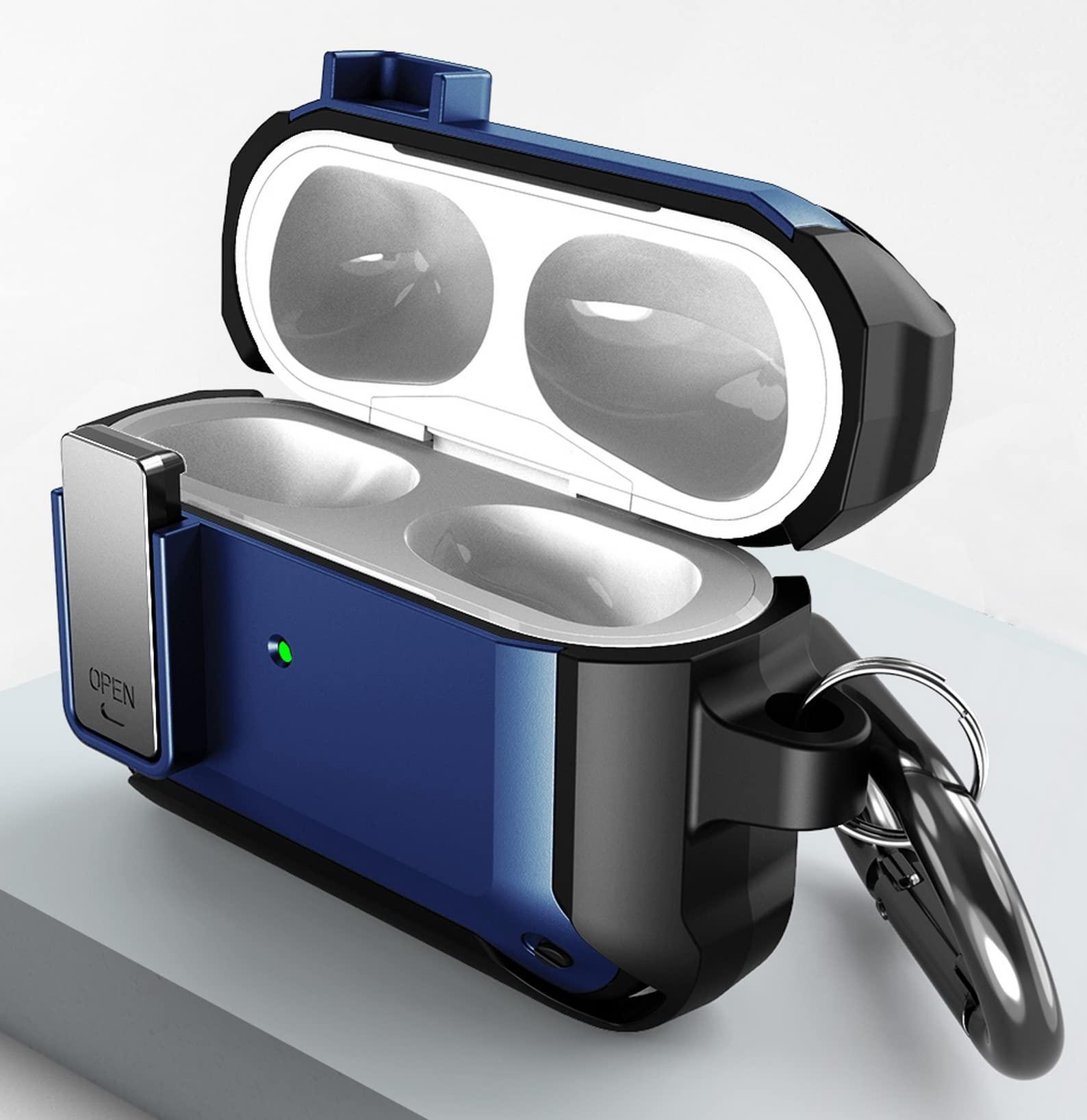 Nakedcellphone Secure-Click Series for Apple Airpods Pro Case, Nakedcellphone Rugged Hybrid Protective Cover with Carabiner Keychain Clip and Lock Closure for Airpods Pro Console (2019) - Navy Blue