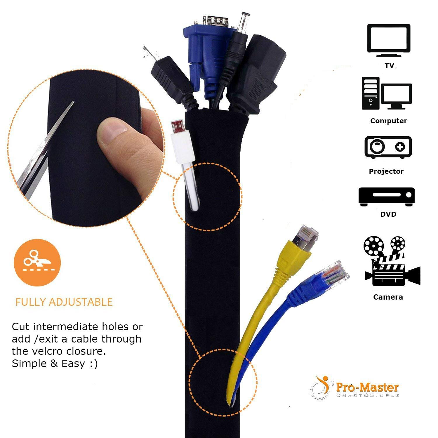 ProMaster Premium 120" Cable Management Sleeve, Best Cords Organizer for TV On Wall, Computer, Office, DIY Adjustable Reversible Black and White Neoprene Cord Hider Wire Cover Concealer Wrap with Free Zip Ties