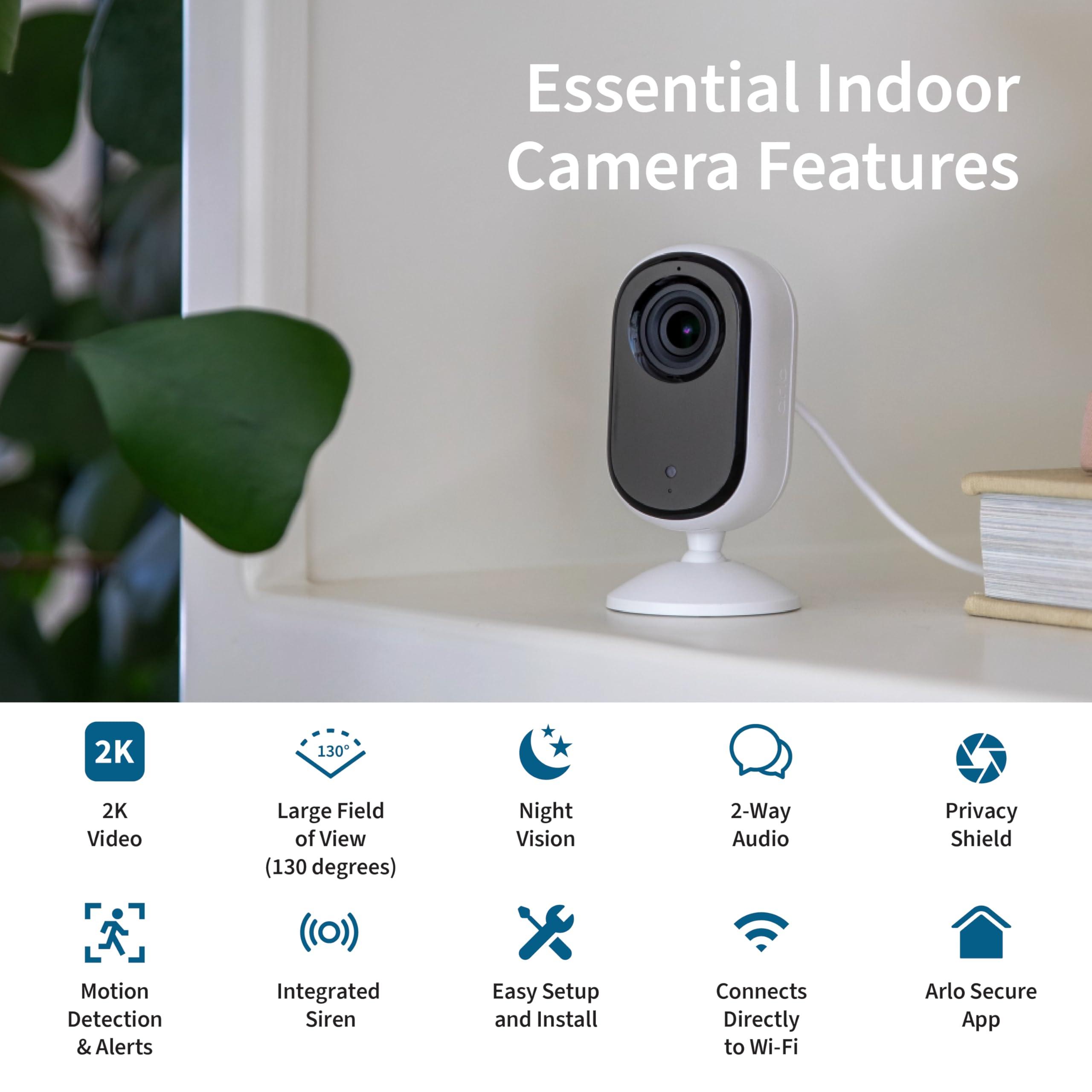 Arlo Arlo Essential Security Camera 2K | Indoor Only| 2nd Gen | Baby Monitor & Pet Camera | Wired Automated Privacy Shield, 2-Way Audio, Night Vision, Live Stream, Motion Alerts & Notifications White,1 Cam