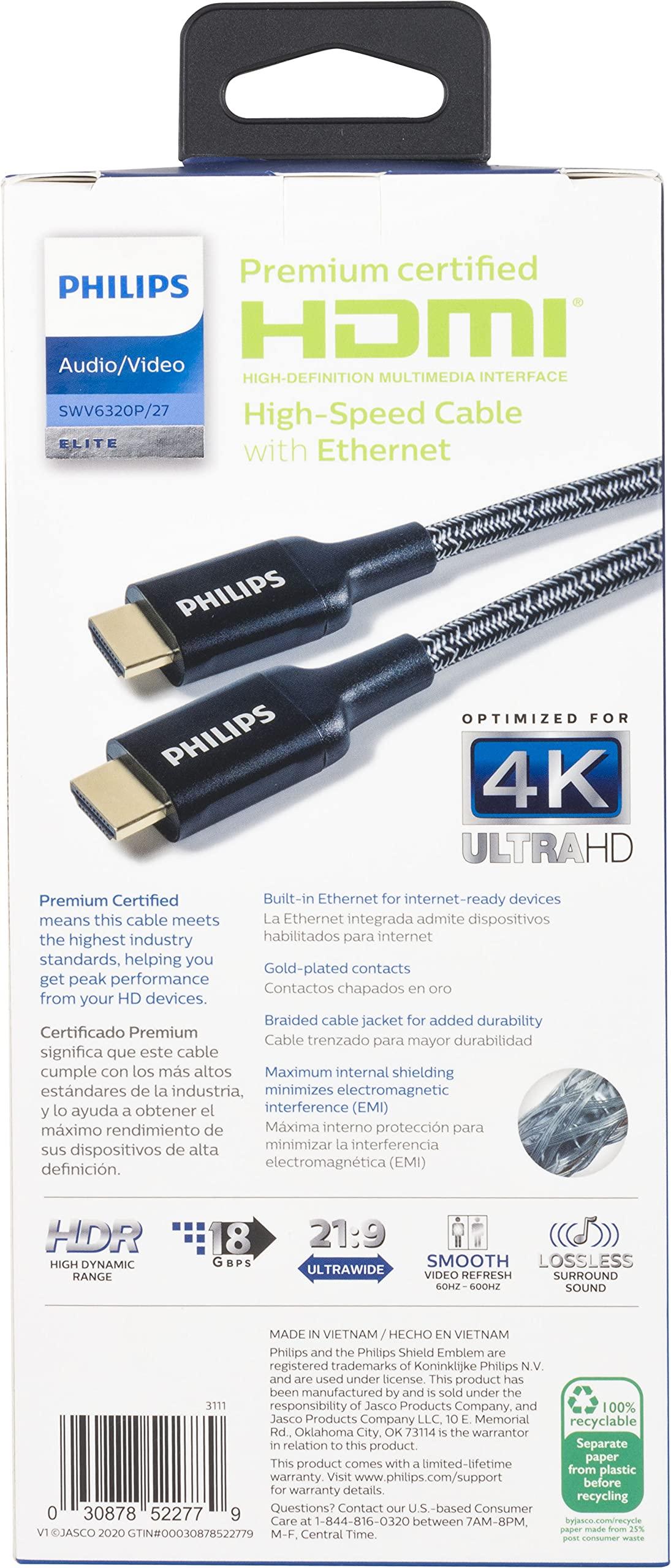 Philips Philips Elite Premium Certified High-Speed HDMI Cable with Ethernet, 10 ft. 1080p 120Hz 4K 60Hz, 18Gbps, for TV, Monitor, Laptop, PS5, Xbox One X S SWV6320P/27