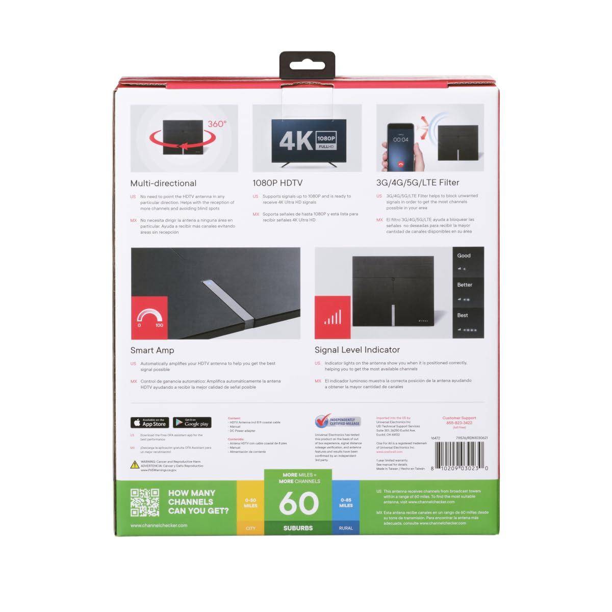 One For All One for All 16472 HDTV 1080p Amplified Indoor TV Antenna 50 Mile Range with Multi Directional Reception, 8 Feet Coaxial Cable & Signal Level Indicator - Black