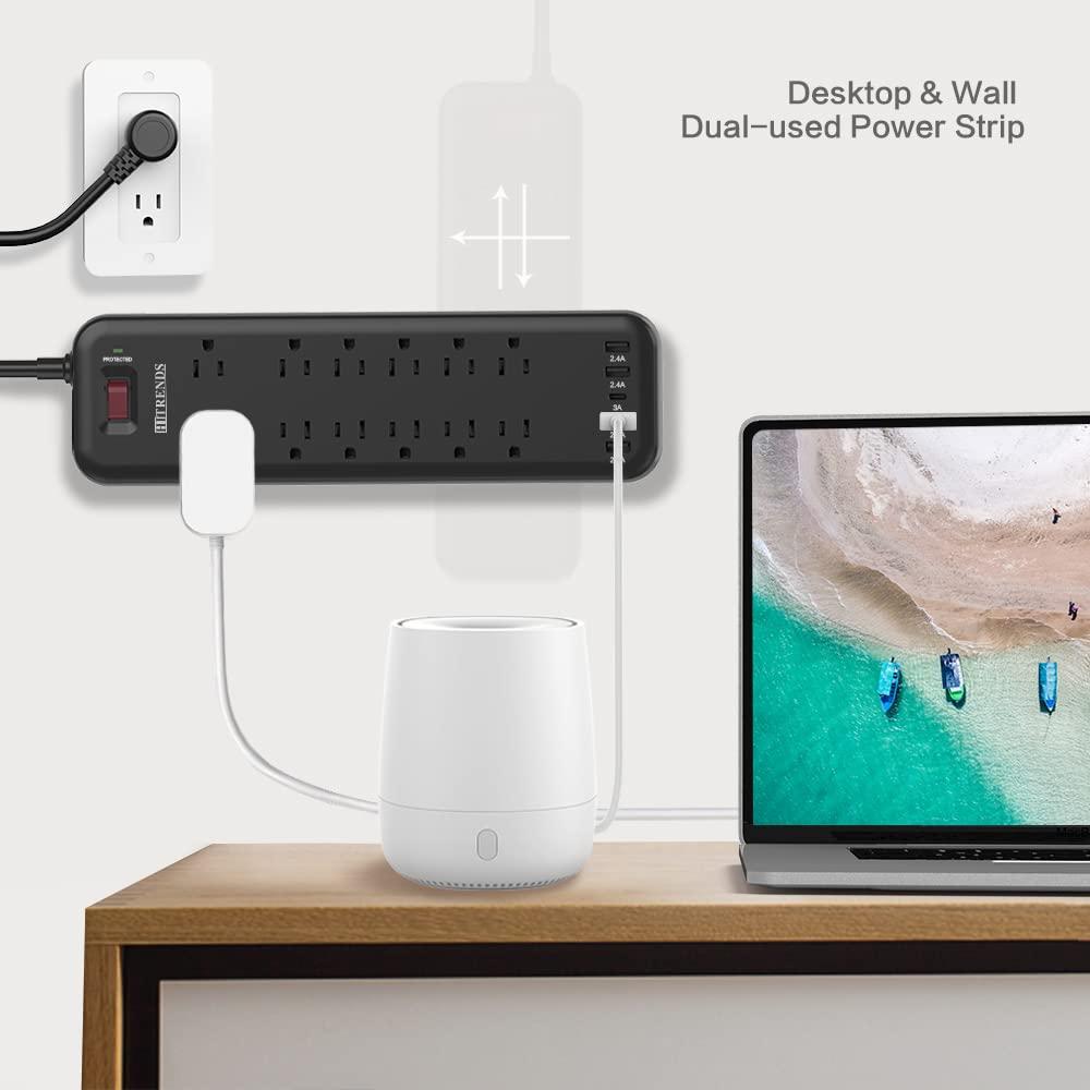 HITRENDS Power Strip Surge Protector with 12 Outlets & 4 USB Ports & 1 USB-C Port (5V/3A) & Twin Extension Cord Power Strip - 12 Feet Cord - 6 feet on Each Side