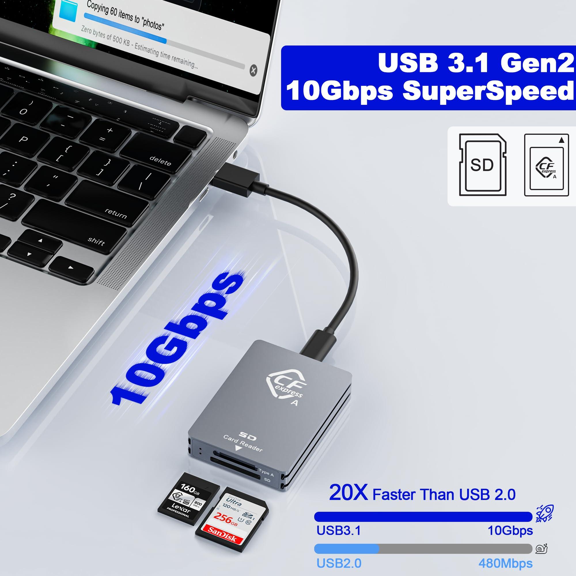 clickfish CFexpress Type A/SD Dual Slot Card Reader USB C, 10Gpbs USB3.2 Gen 2, Compatible with CFexpress Type A Card/SD Memory Card, Aluminum CFexpress Memory Card Adapter with USB C to USB C/USB A Cable