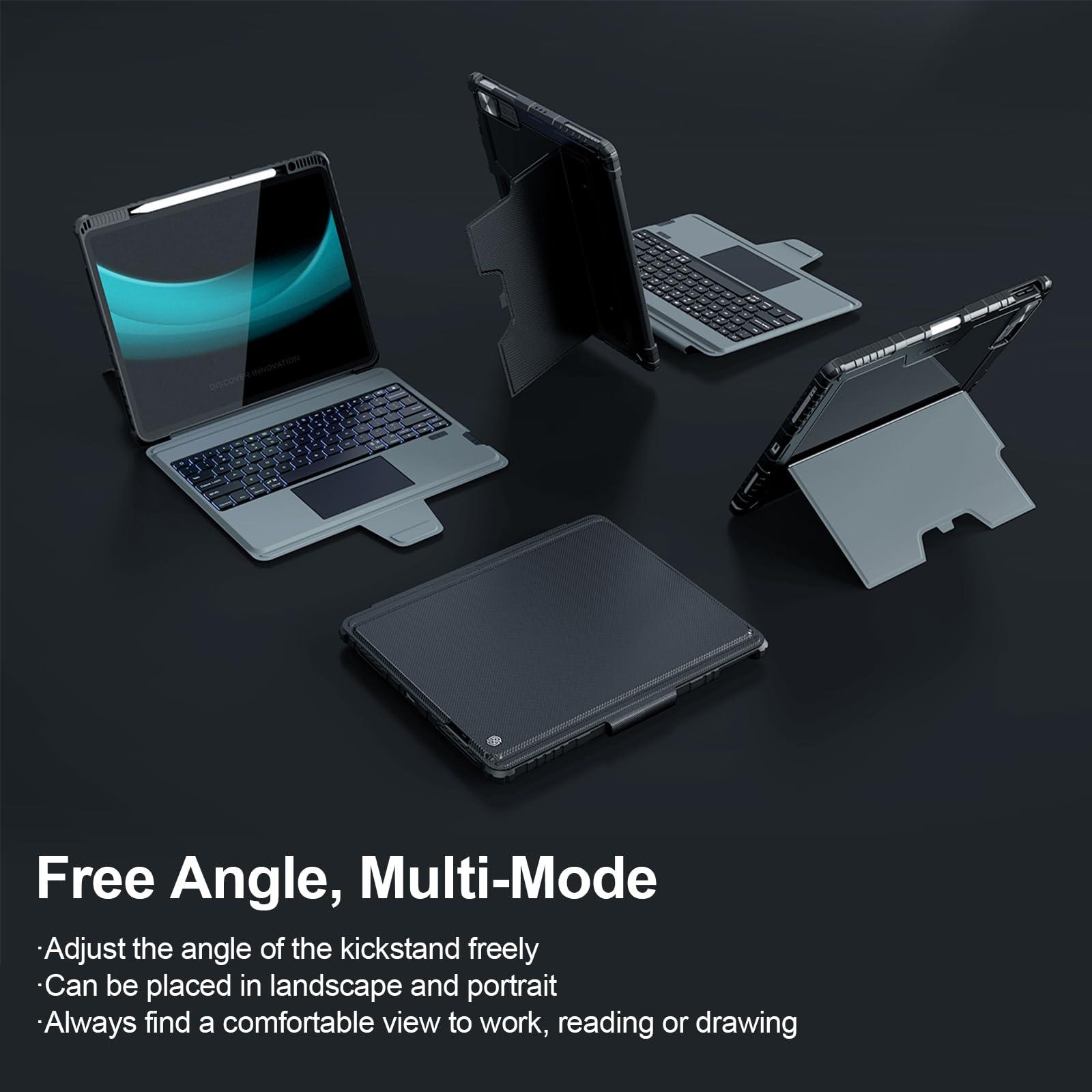 Nillkin Nillkin Keyboard Case for iPad Air 13-inch (M3 2025/M2 2024), iPad Pro 12.9-inch (6th/5th/4th/3rd Gen) Rugged Case with Detachable Keyboard, Magic Trackpad, 7-Color Backlit, Portrait/Landscape, Gray