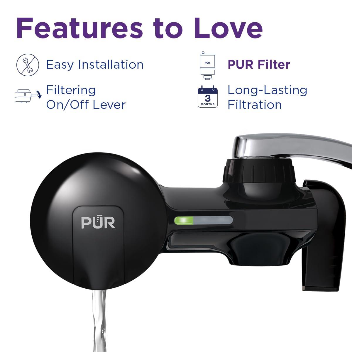 PUR PUR Horizontal Faucet Mount Water Filtration System with Lead Reducing Filter for Cleaner, Filtered Tap Water, Lasts 100 Gallons, Sink Water Filter, Fits Most Kitchen or Bathroom Faucets, Black