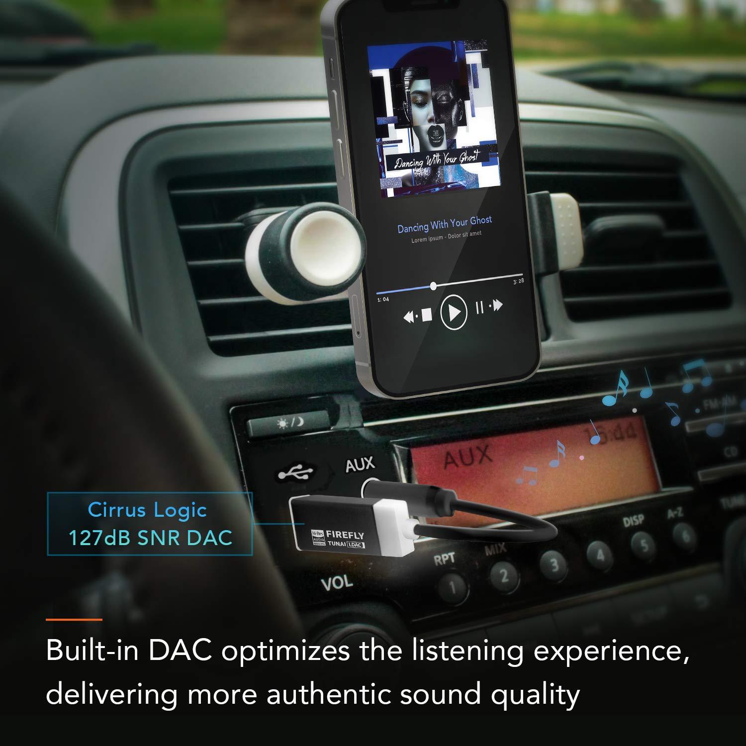 TUNAI TUNAI Firefly LDAC Bluetooth Receiver: High Resolution Wireless Audio Bluetooth 5.0 Adapter with Audiophile USB DAC 3.5mm AUX for Car/Home Stereo Hi Res Music Streaming; Auto On, No Charging Needed