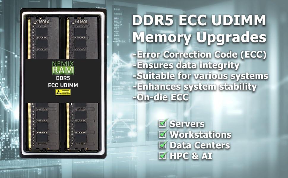 NEMIX RAM NEMIX RAM 64GB (2X32GB) DDR5 5200MHZ PC5-41600 2Rx8 1.1V CL44 288-PIN ECC Unbuffered UDIMM Memory KIT