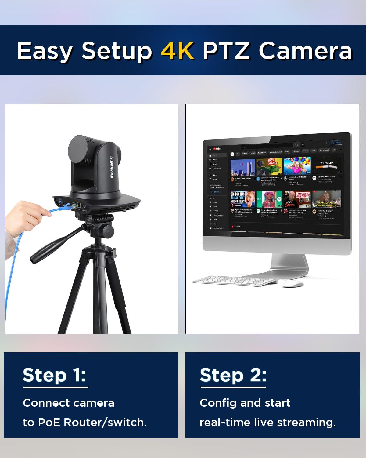 FoMaKo FoMaKo 4K PTZ Camera HDMI, AI Auto-Tracking, 4K 20X Optical Zoom, USB3.0 LAN HDMI PTZ Camera 4K for Church Worship Education Conference Events, K20UH