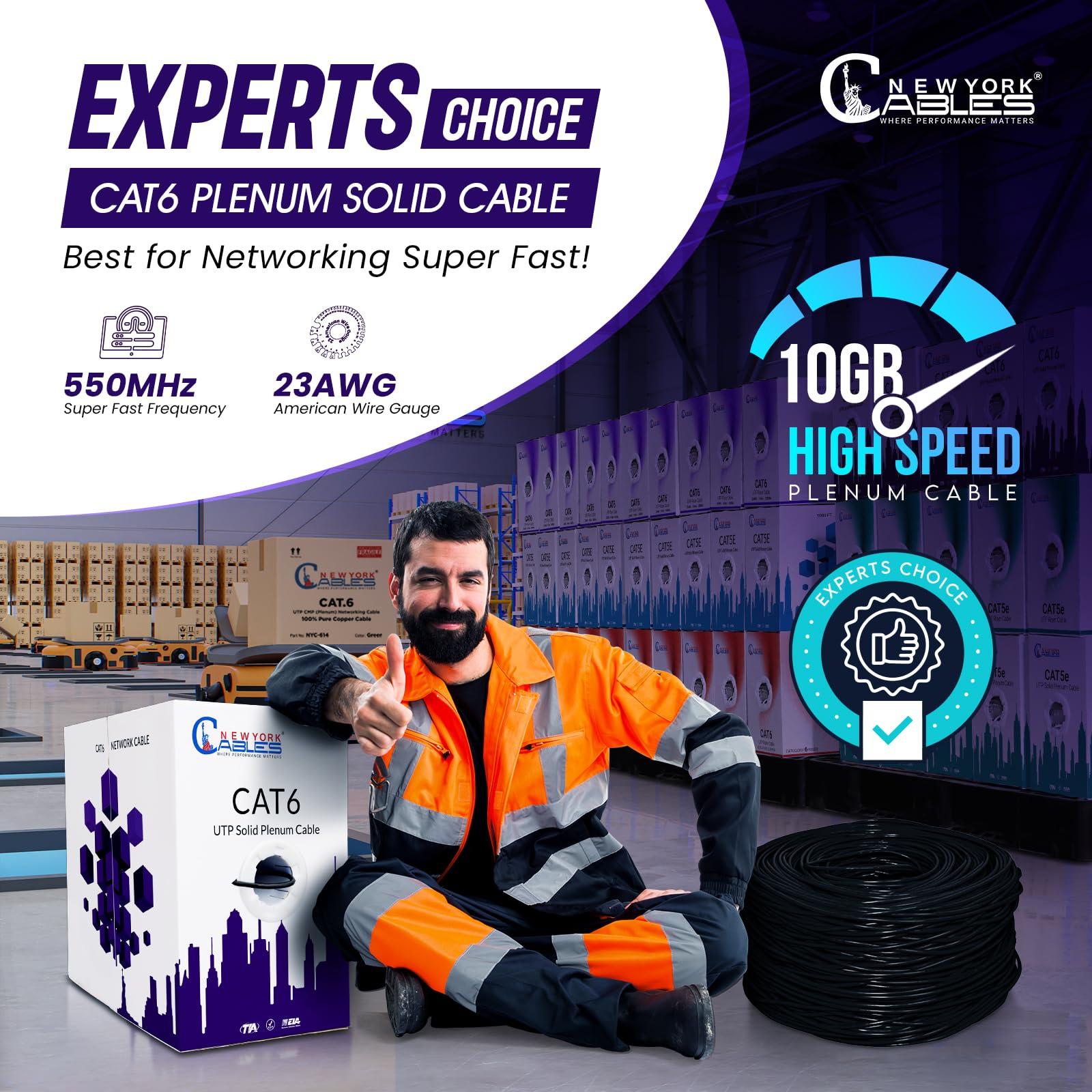 NewYork Cables NewYork Cables | CAT6 Plenum Cable 1000ft (CMP) | UTP, 550MHz, 23AWG, 4Pair UTP 10GB Internet Cable | Quality Tested Bulk Ethernet Cable, for Networking & Gaming (Black)