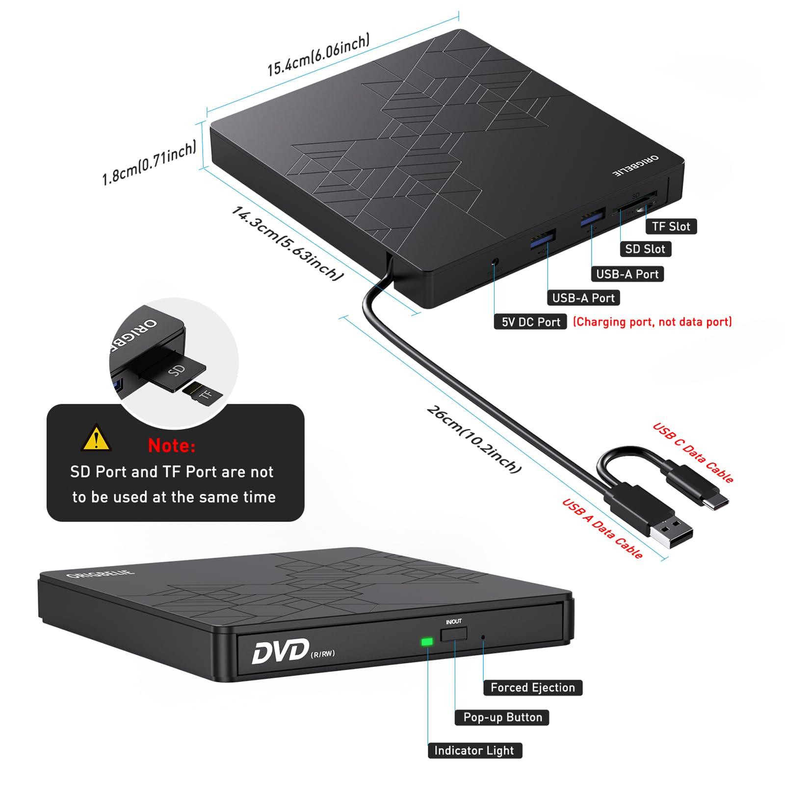 ORIGBELIE ORIGBELIE External DVD Drive, CD Drive USB 3.0 Typle C CD/DVD ROM +/-RW Adapter with USB Port DVD Burner for Laptop PC Desktop Computer, Optical Disk Drive CD Player Compatible with Mac Windows Linux